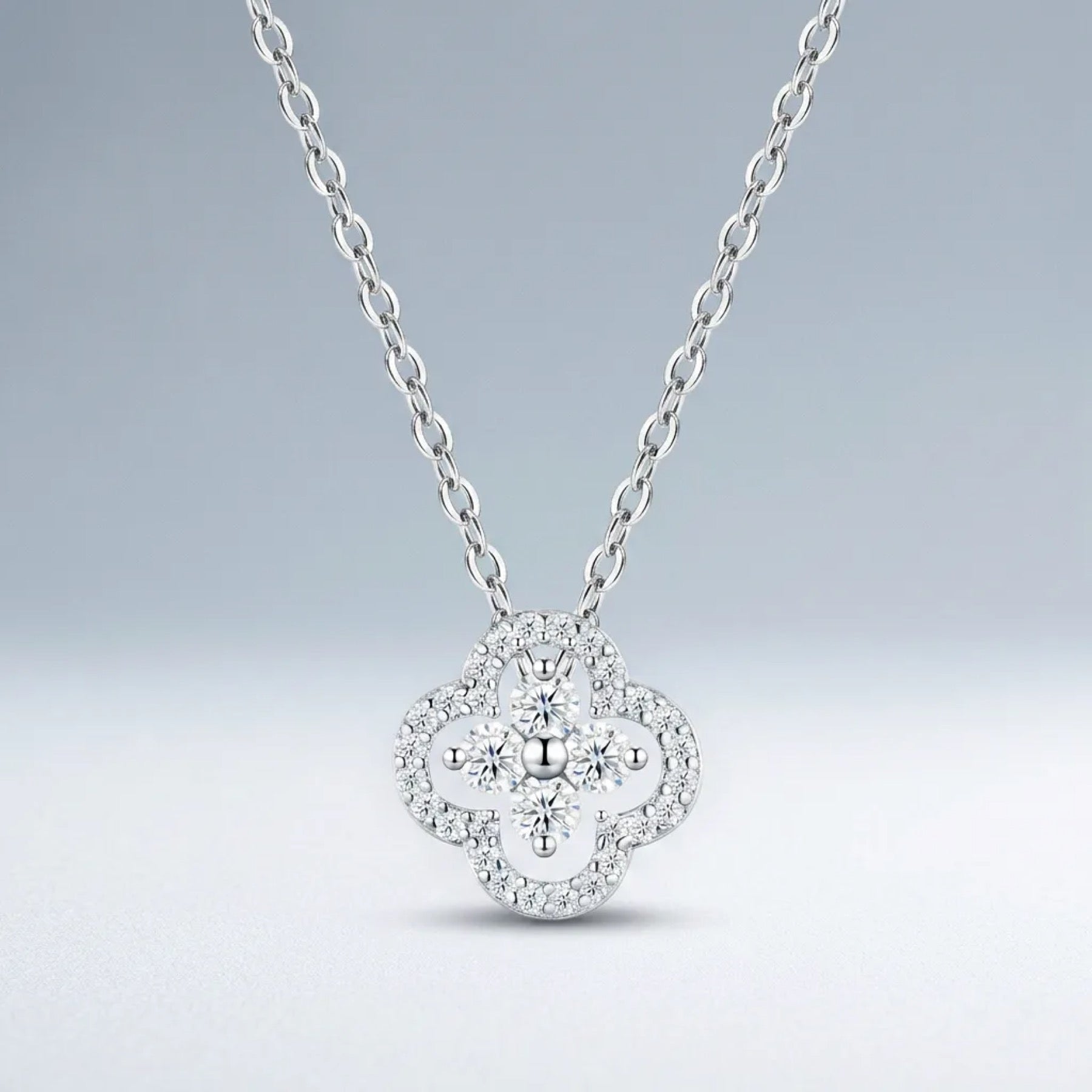 Fleurette Moissanite Clover Pendant Necklace in Sterling Silver