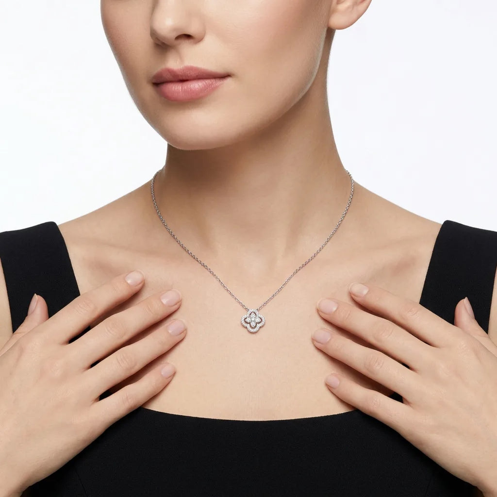 Fleurette Moissanite Clover Pendant Necklace in Sterling Silver