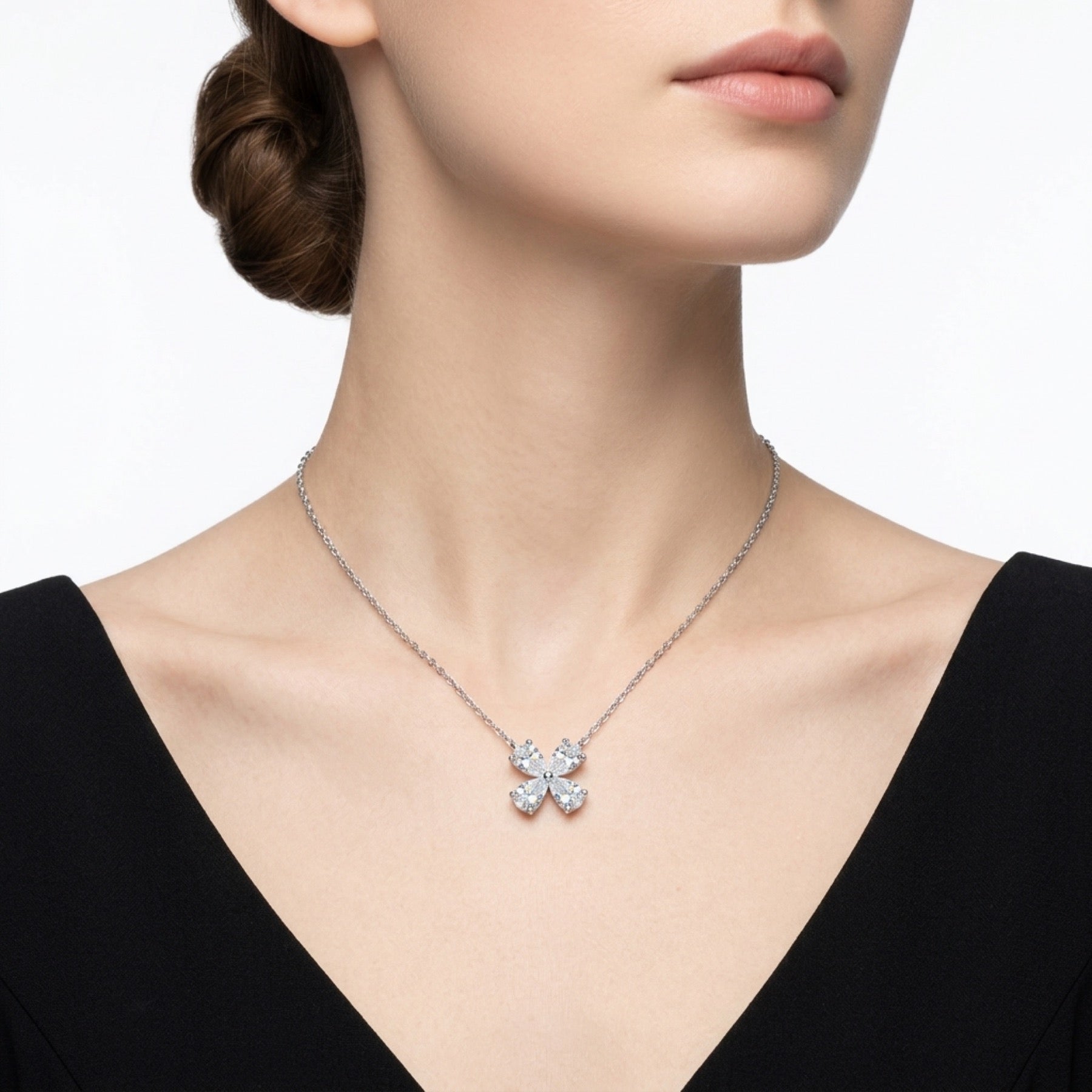 Shamrock Moissanite Clover Pendant Necklace in Sterling Silver