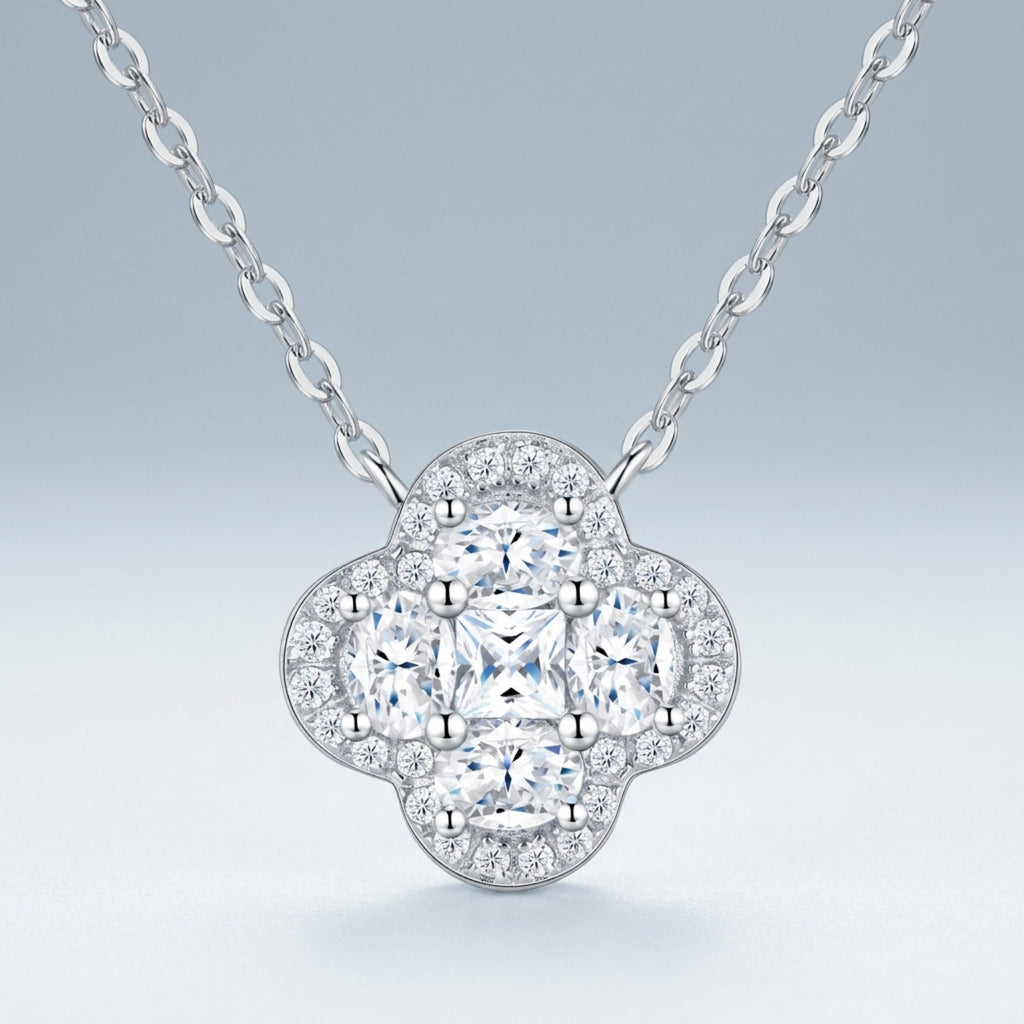 Verbena Moissanite Clover Pendant Necklace in Sterling Silver