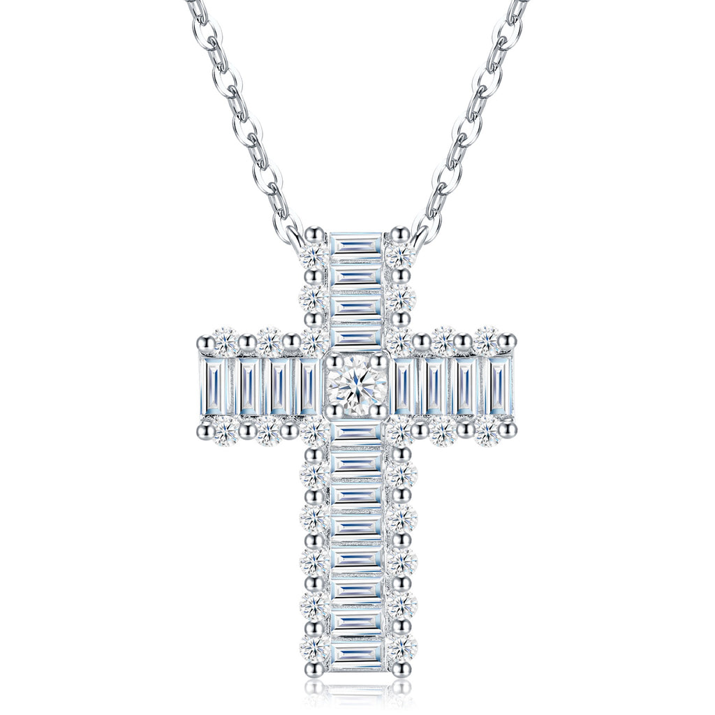 Obelisk Moissanite Cross Necklace in Sterling Silver