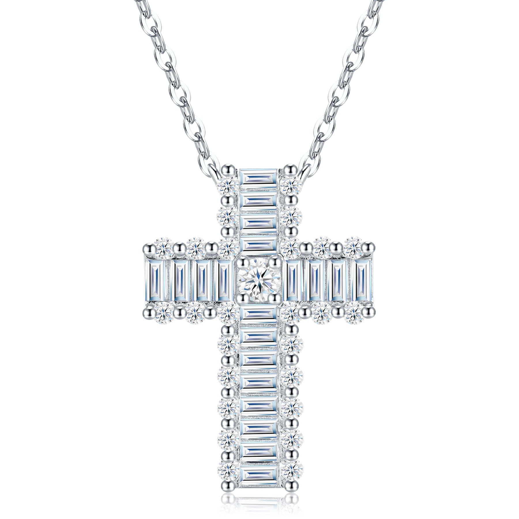 Obelisk Moissanite Cross Necklace in Sterling Silver