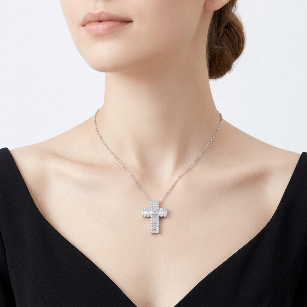 Obelisk Moissanite Cross Necklace in Sterling Silver