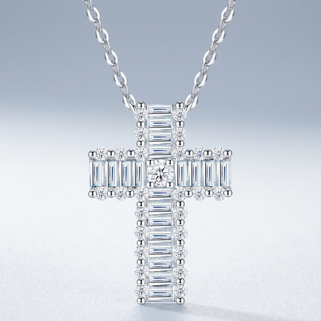 Obelisk Moissanite Cross Necklace in Sterling Silver