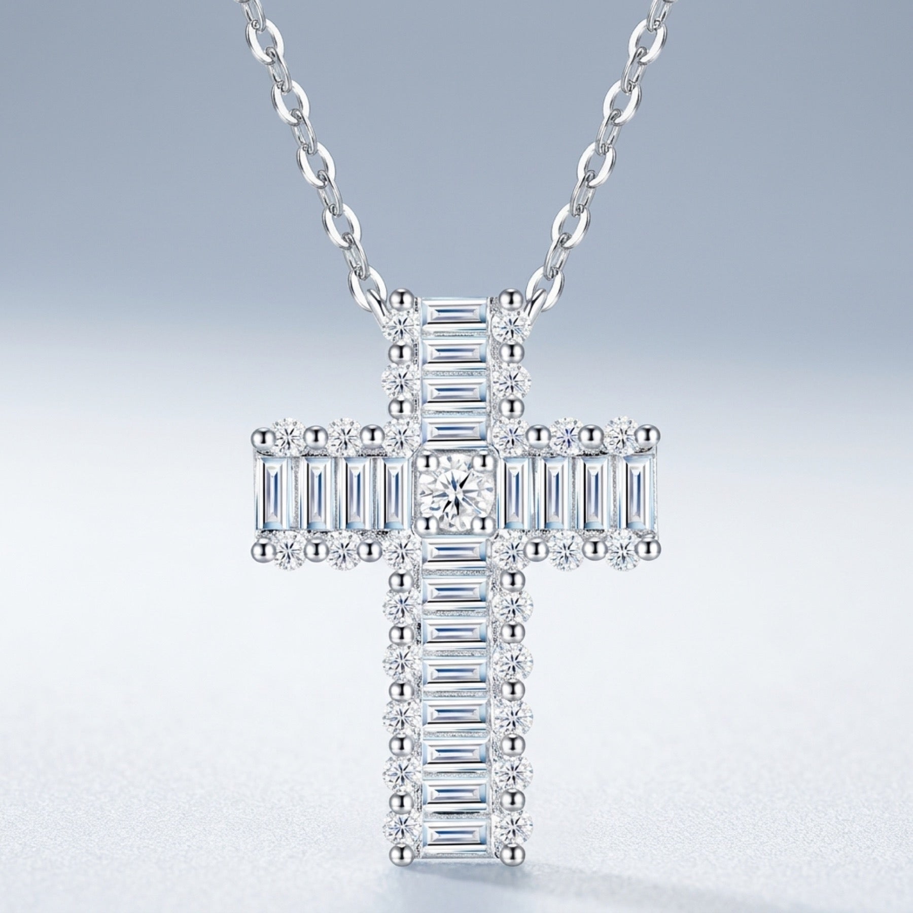 Obelisk Moissanite Cross Necklace in Sterling Silver