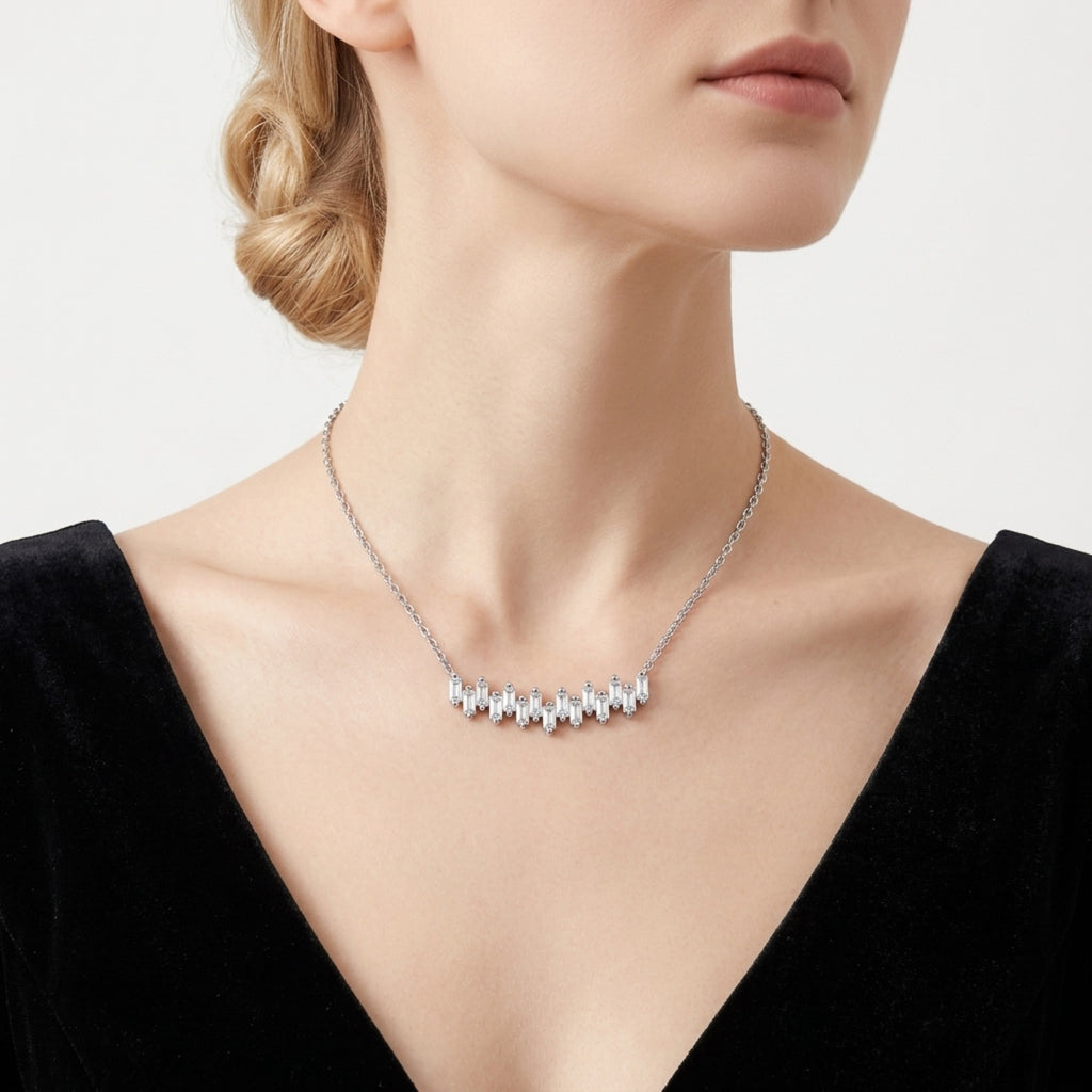 Bevel Moissanite Curved Bar Necklace in Sterling Silver