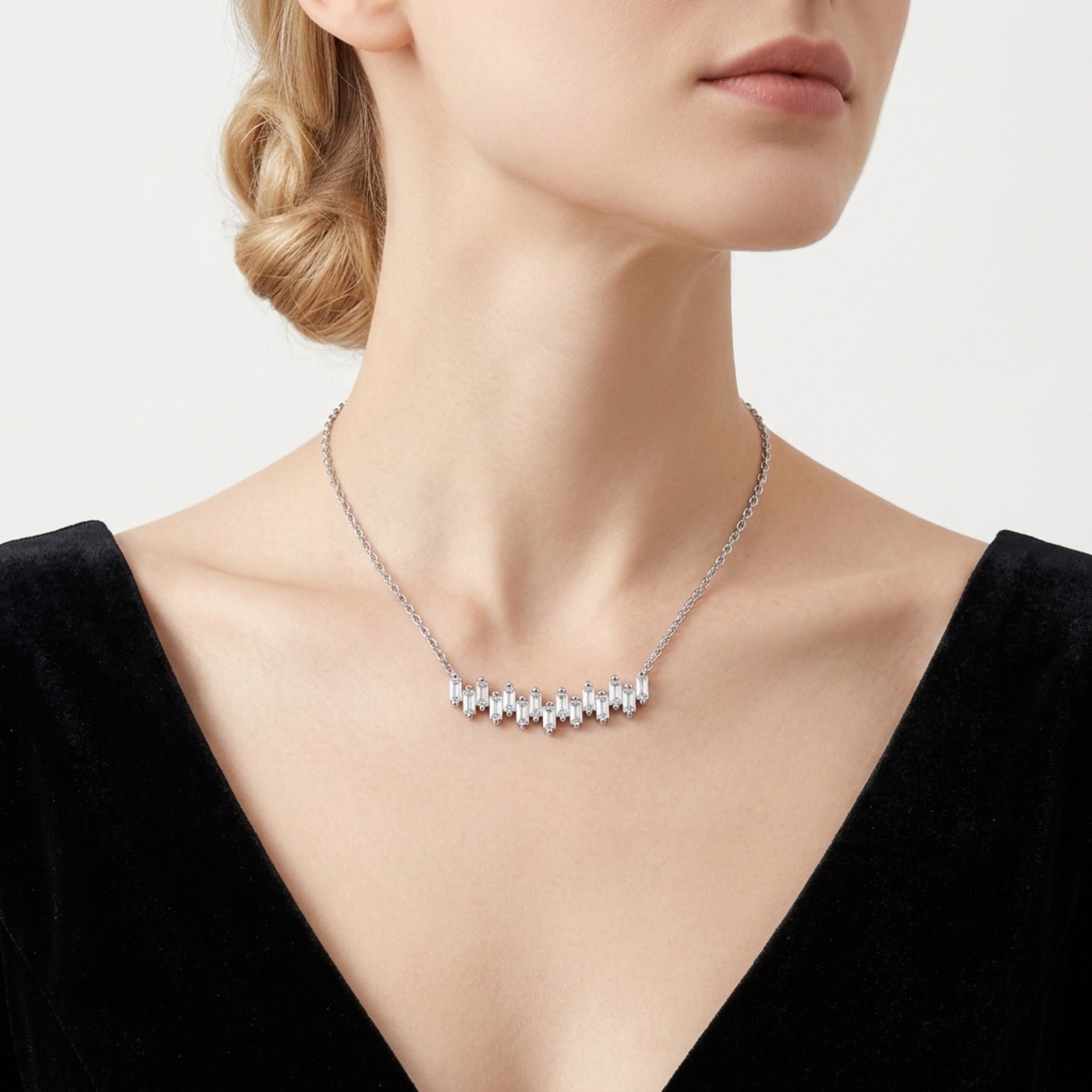 Bevel Moissanite Curved Bar Necklace in Sterling Silver