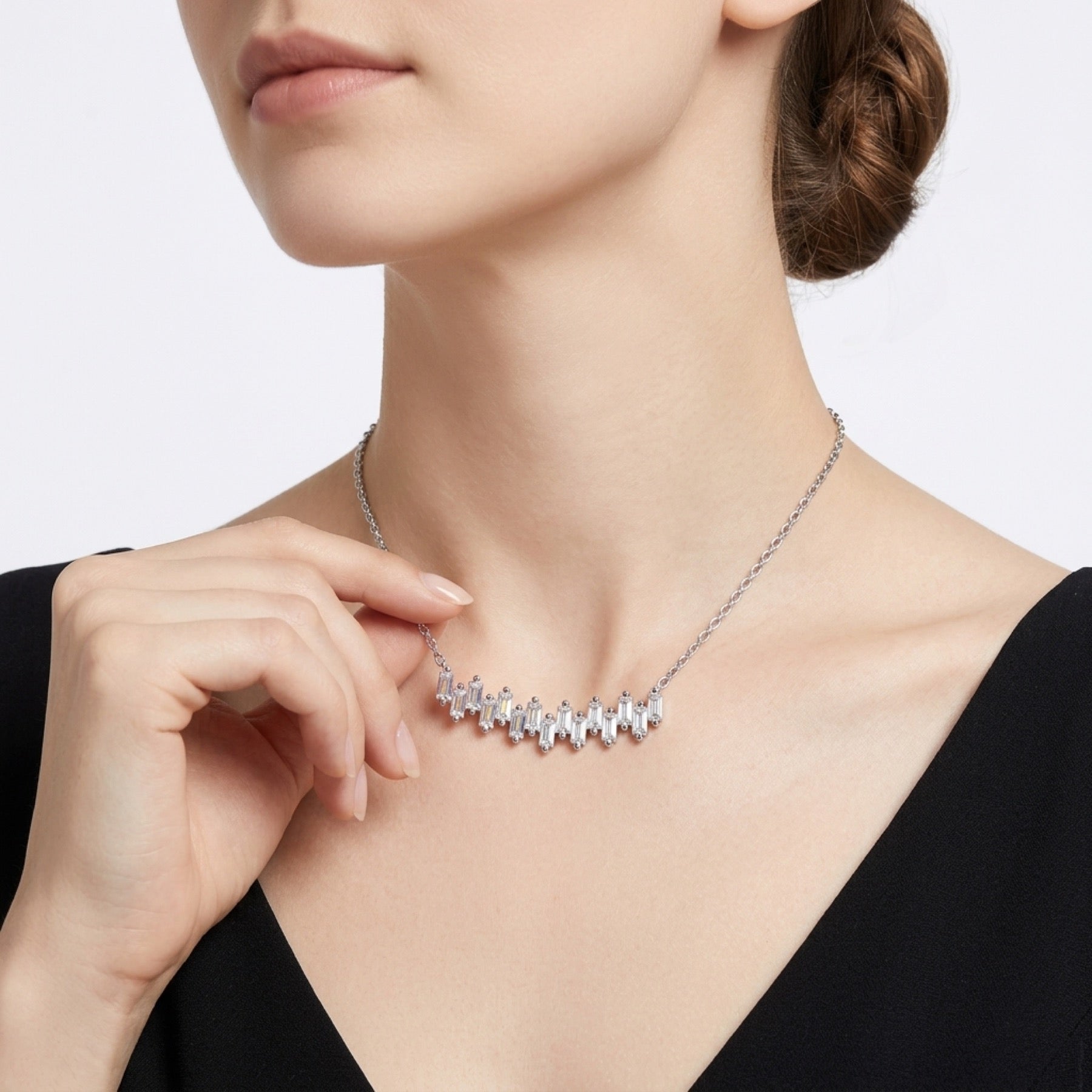 Bevel Moissanite Curved Bar Necklace in Sterling Silver
