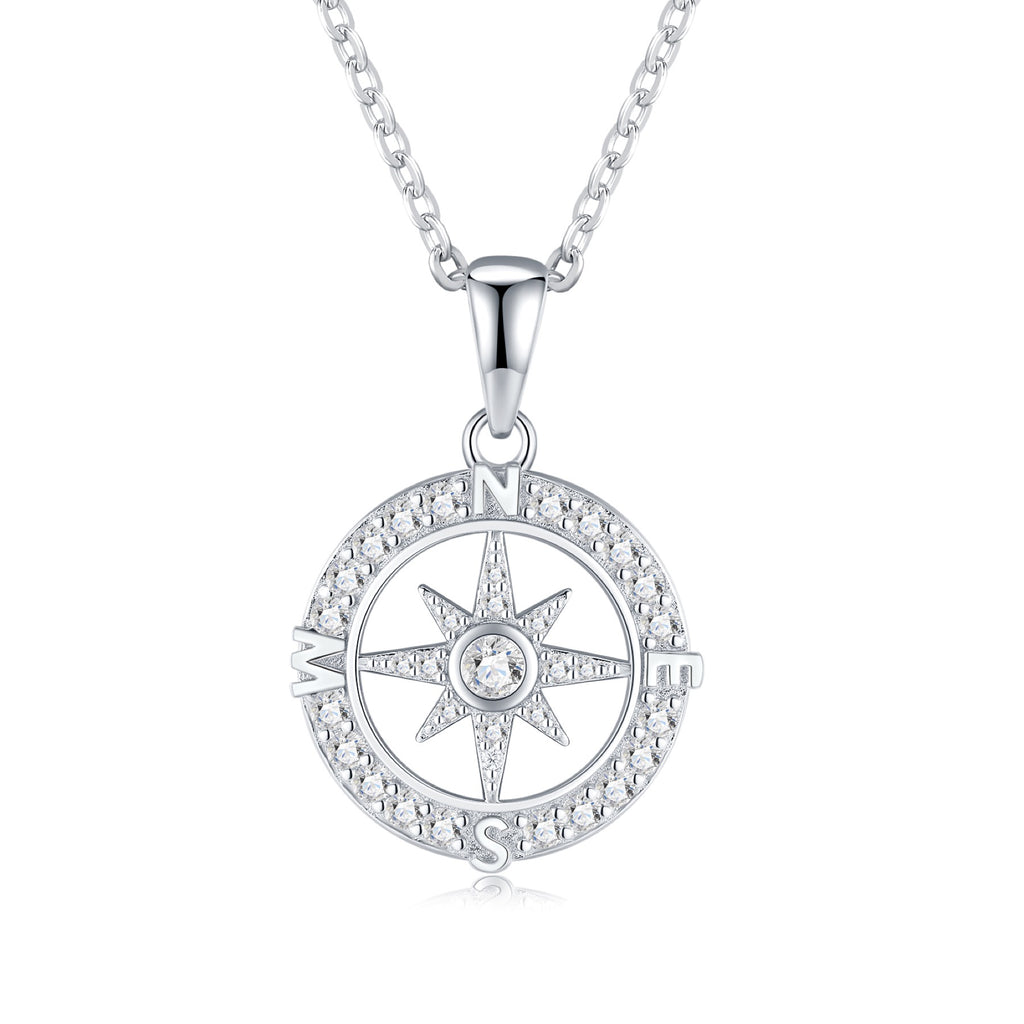 Compass Moissanite Compass Pendant Necklace in Sterling Silver
