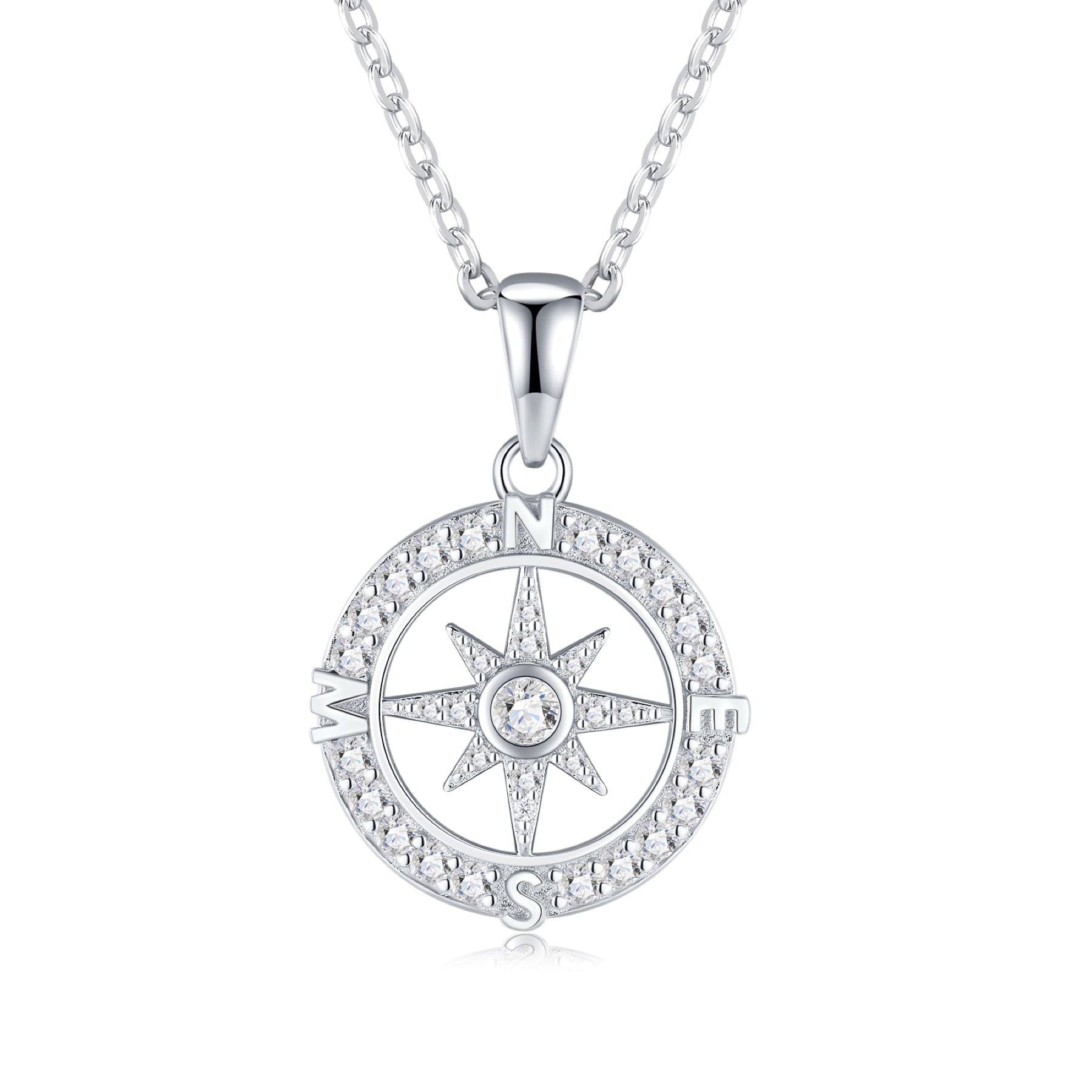 Compass Moissanite Compass Pendant Necklace in Sterling Silver