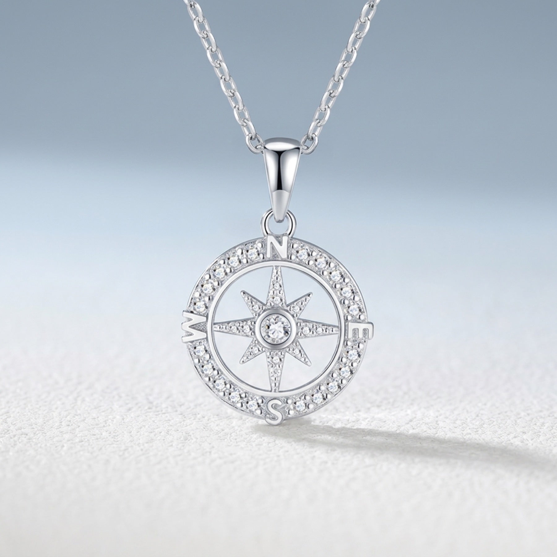 Compass Moissanite Compass Pendant Necklace in Sterling Silver