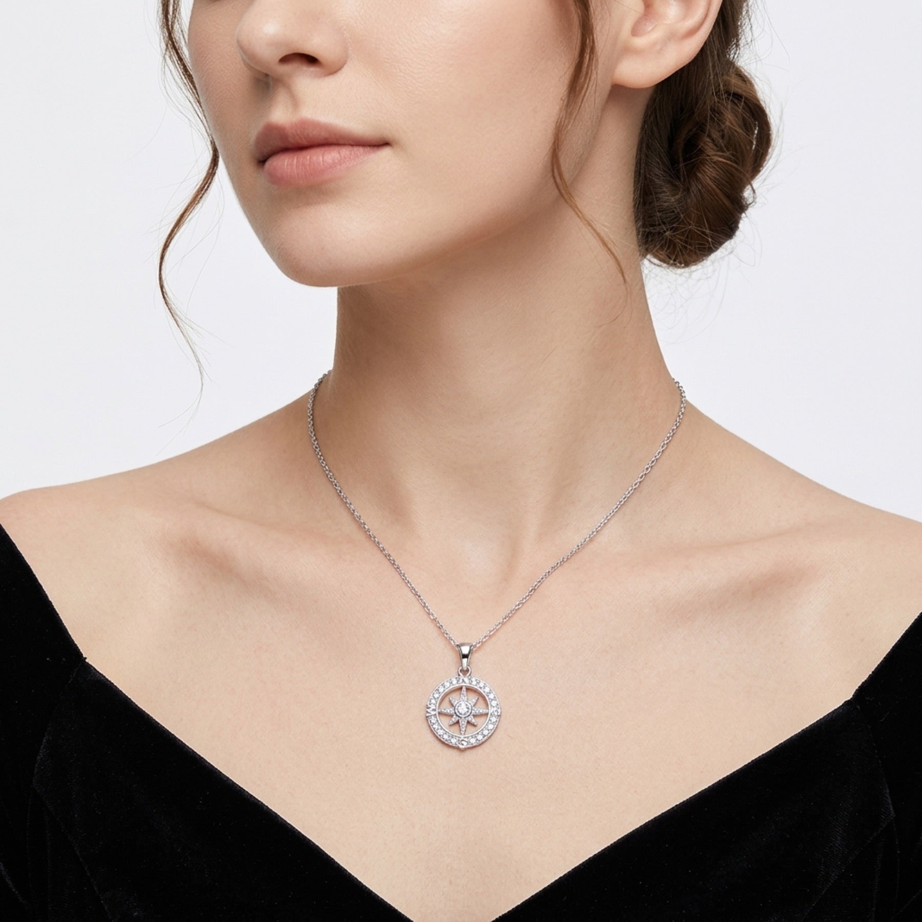 Compass Moissanite Compass Pendant Necklace in Sterling Silver
