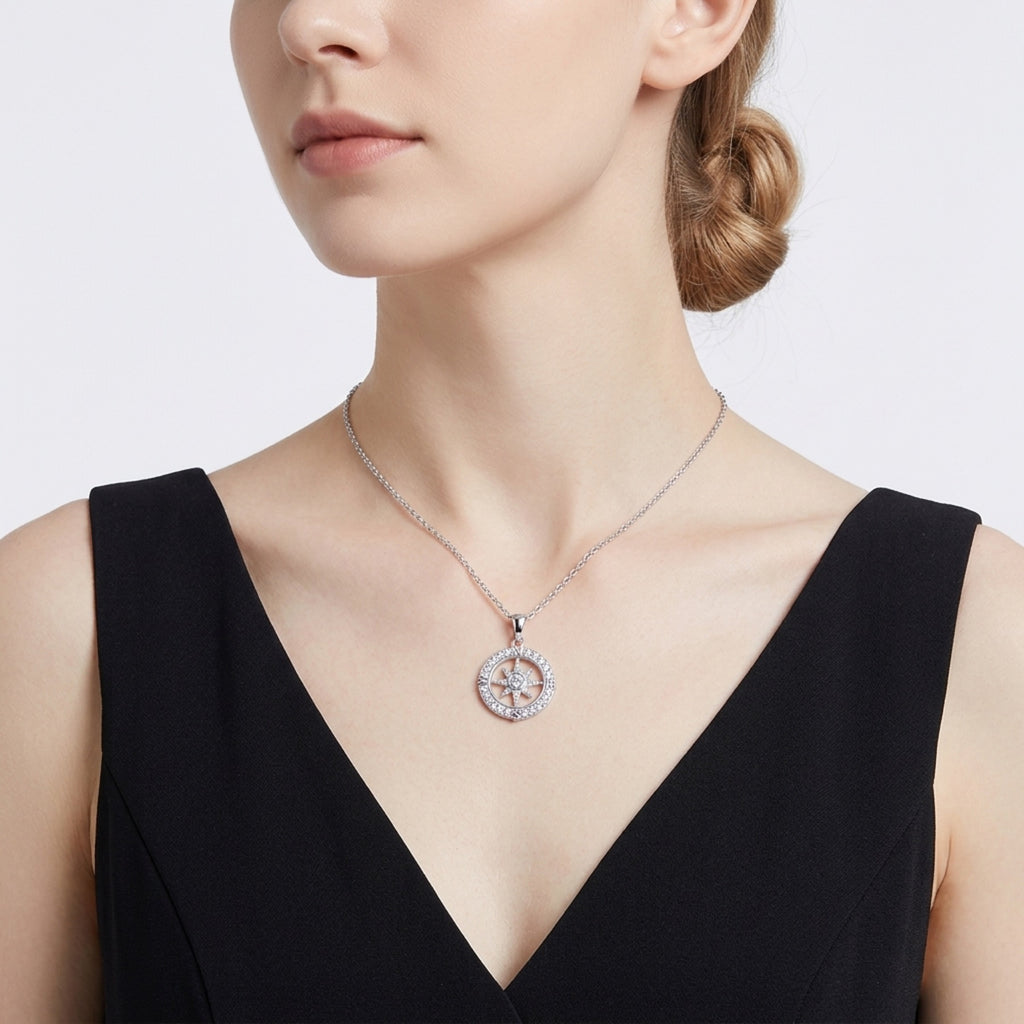 Compass Moissanite Compass Pendant Necklace in Sterling Silver