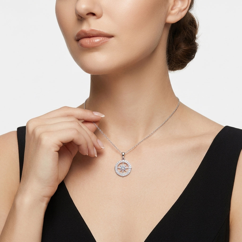 Compass Moissanite Compass Pendant Necklace in Sterling Silver