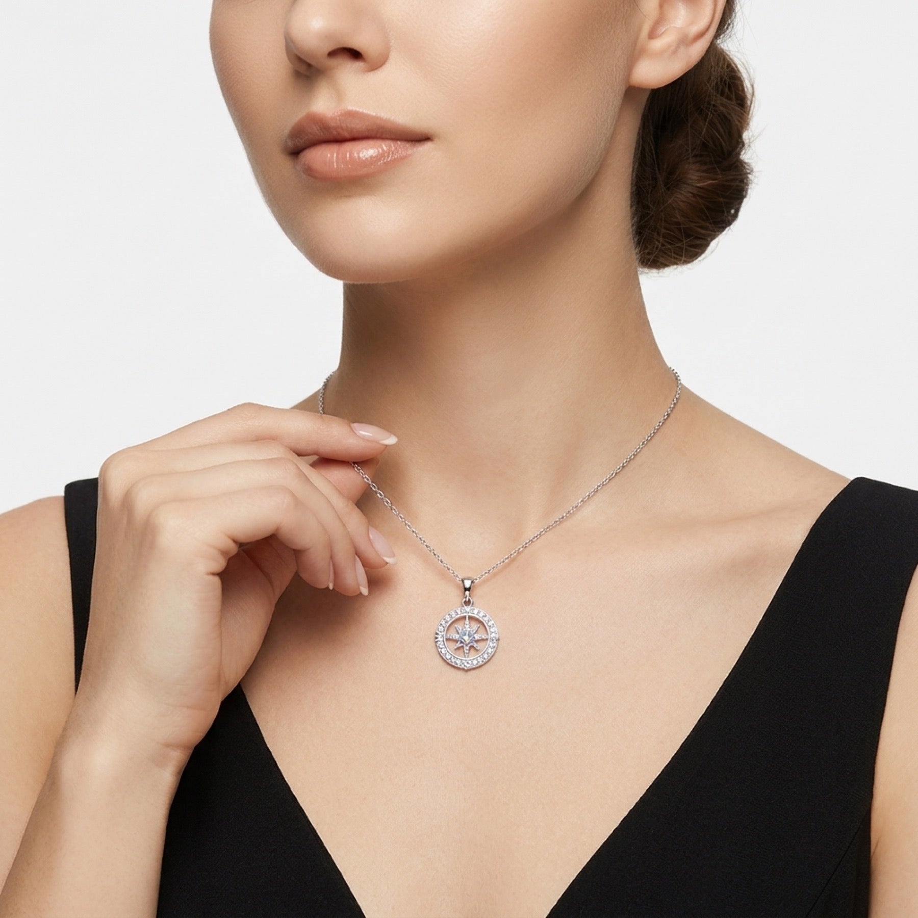 Compass Moissanite Compass Pendant Necklace in Sterling Silver
