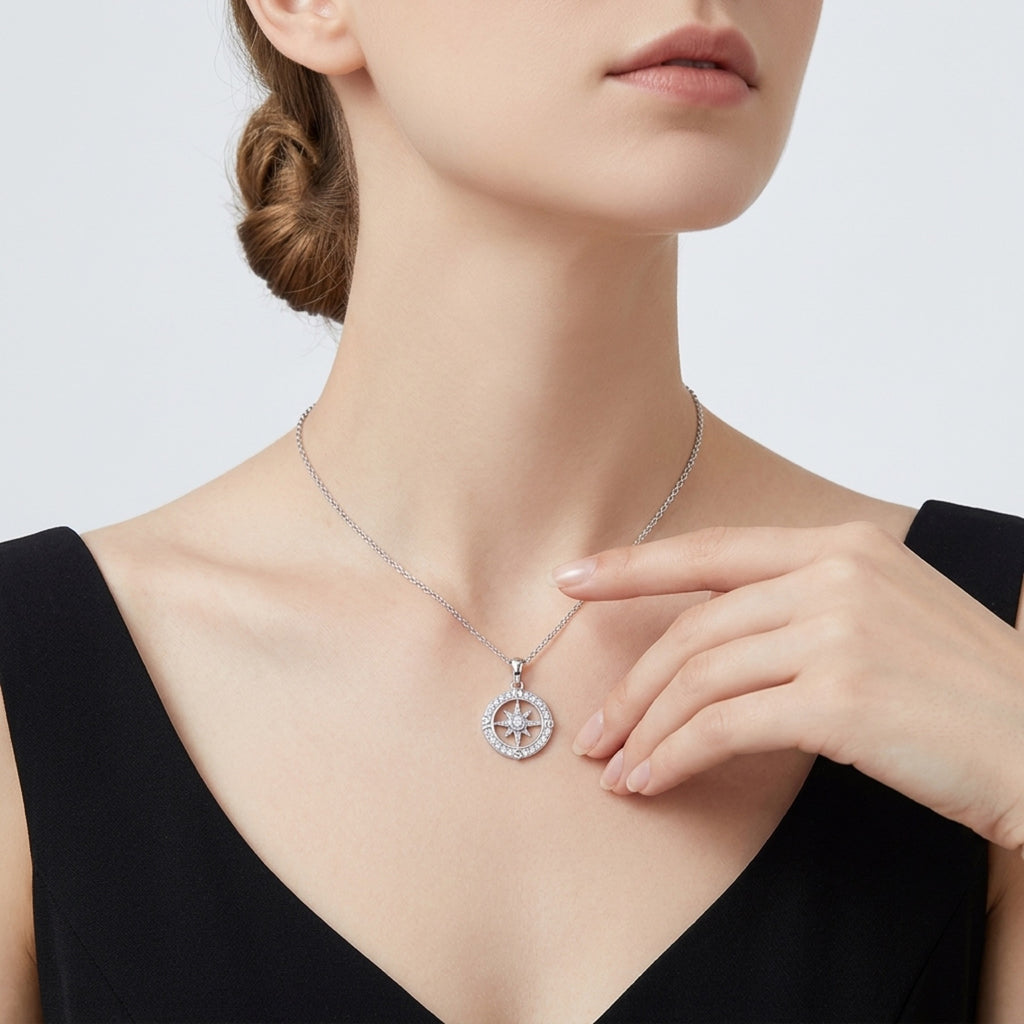 Compass Moissanite Compass Pendant Necklace in Sterling Silver