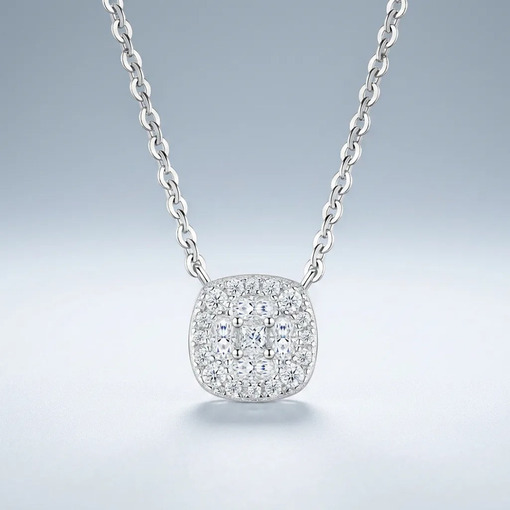 Sucre Moissanite Halo Pendant Necklace in Sterling Silver