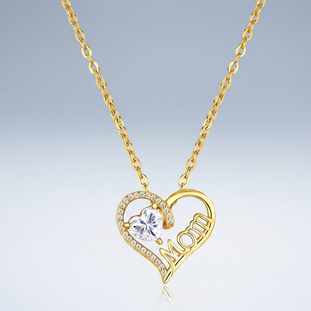 Mama Heart-Cut Moissanite Mom Heart Necklace in Gold-Tone Sterling Silver