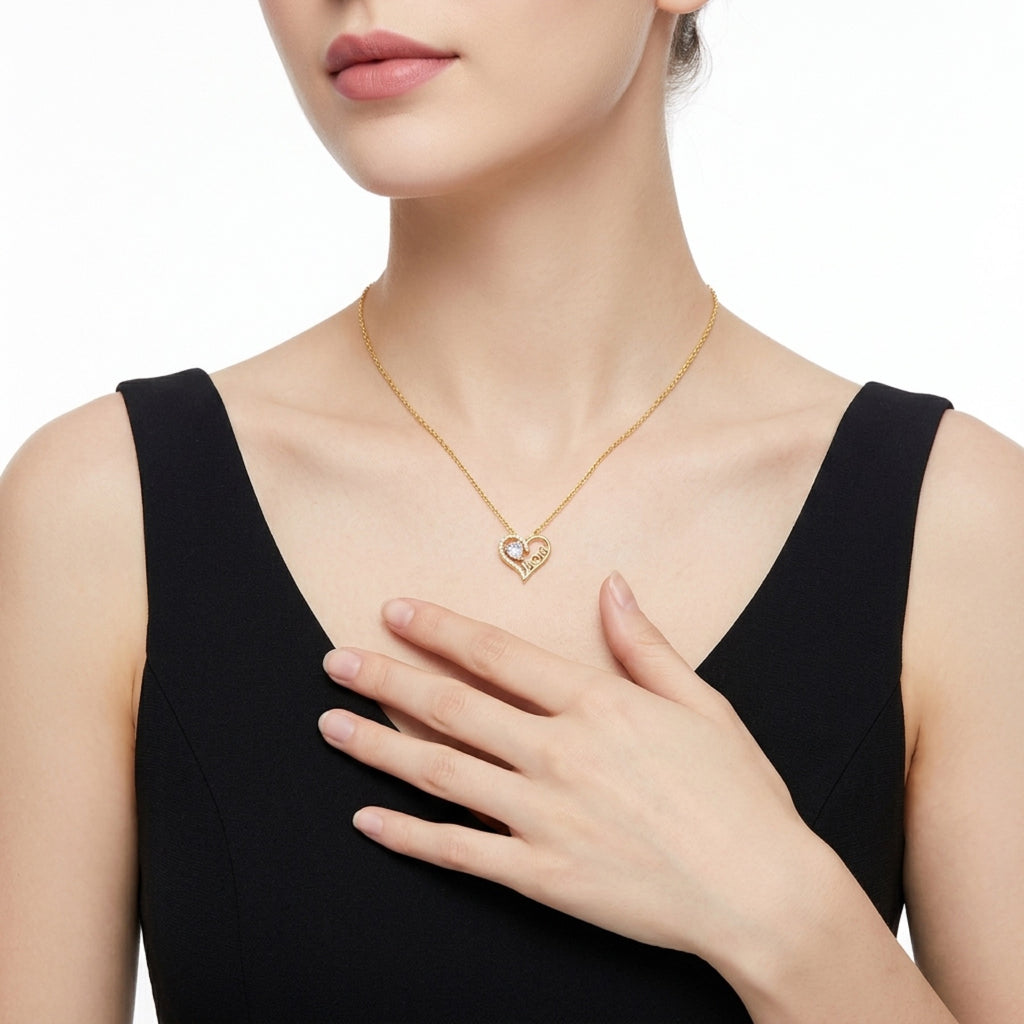 Mama Heart-Cut Moissanite Mom Heart Necklace in Gold-Tone Sterling Silver
