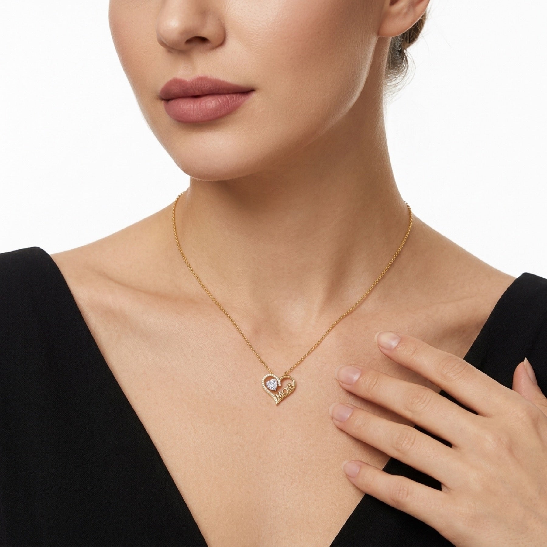Mama Heart-Cut Moissanite Mom Heart Necklace in Gold-Tone Sterling Silver