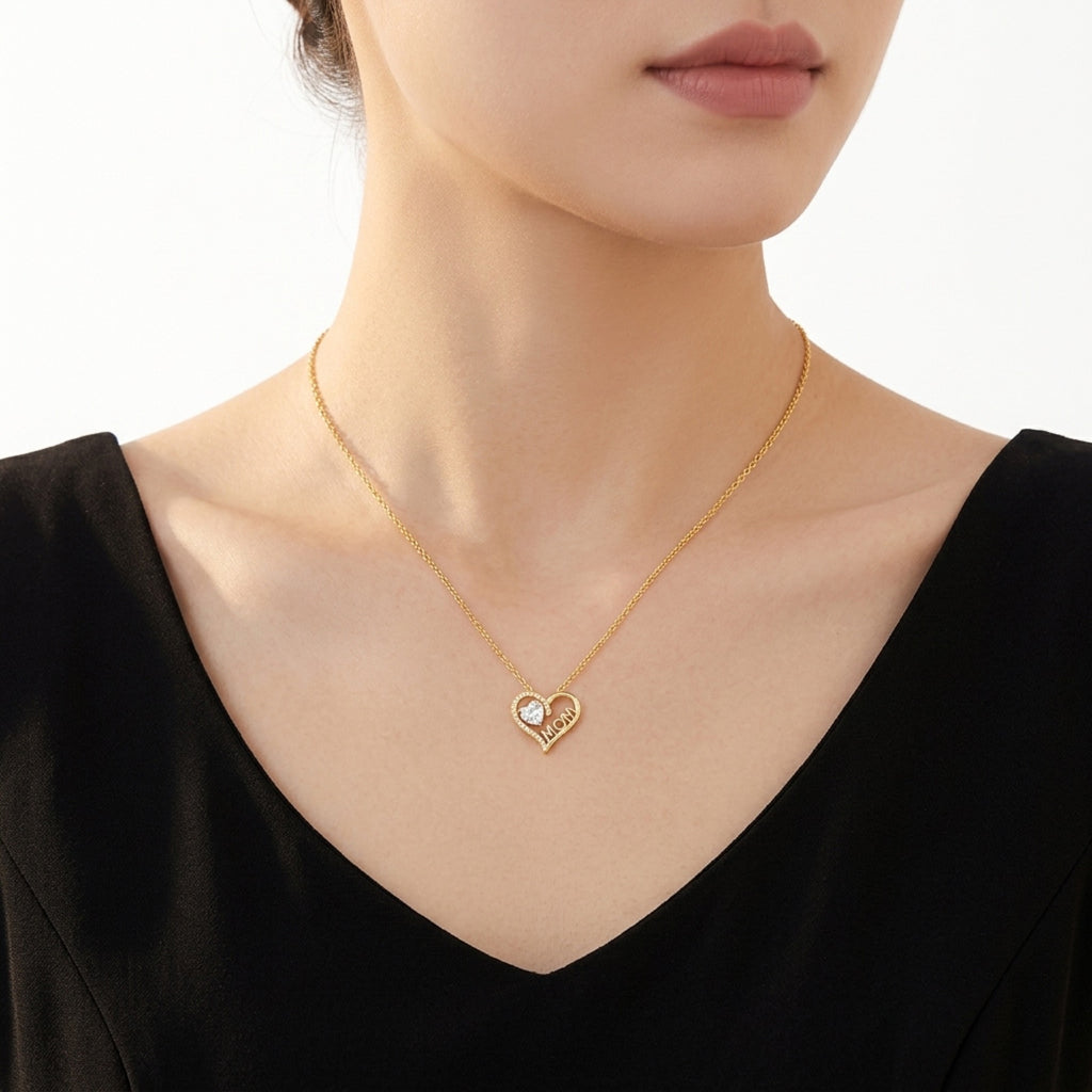 Mama Heart-Cut Moissanite Mom Heart Necklace in Gold-Tone Sterling Silver