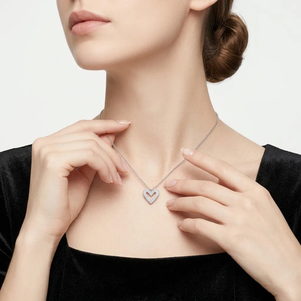 Endear Moissanite Open Heart Pendant Necklace in Sterling Silver