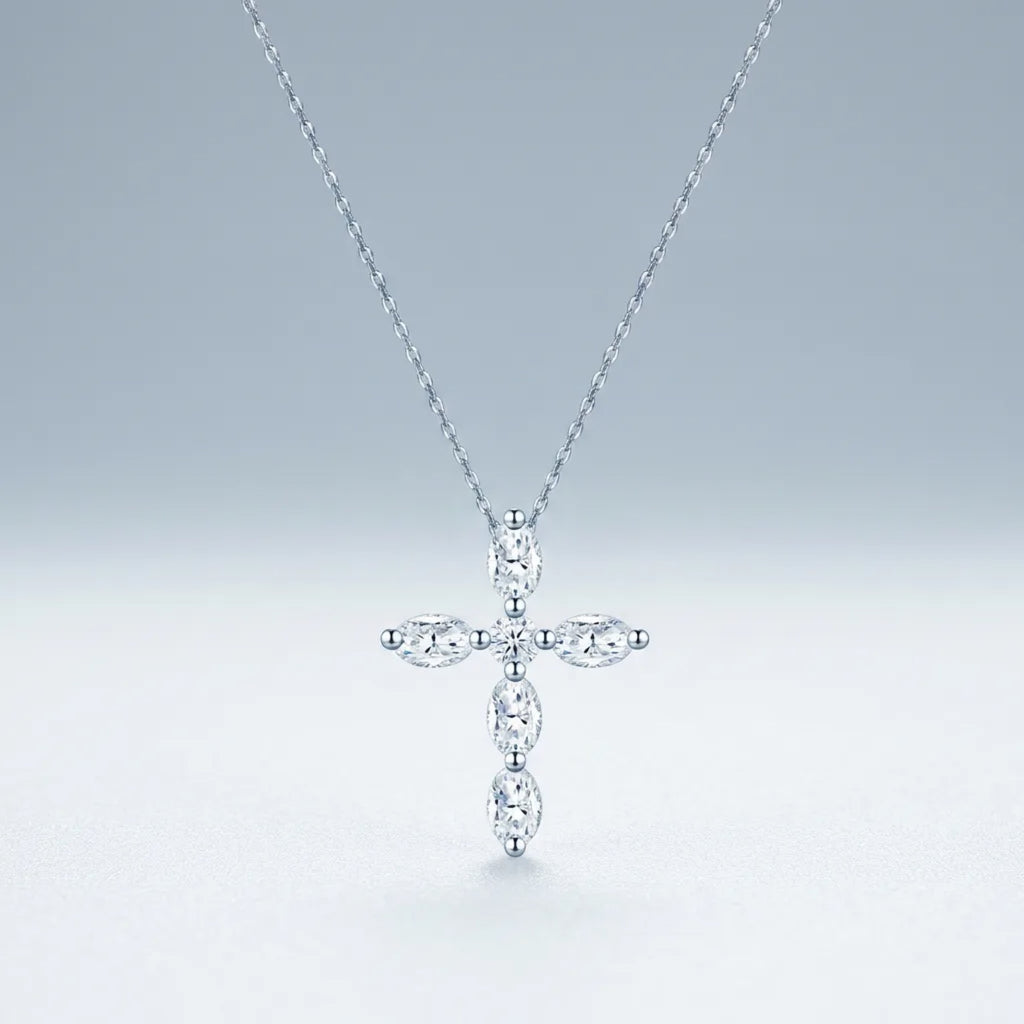 Evensong Moissanite Cross Necklace in Sterling Silver
