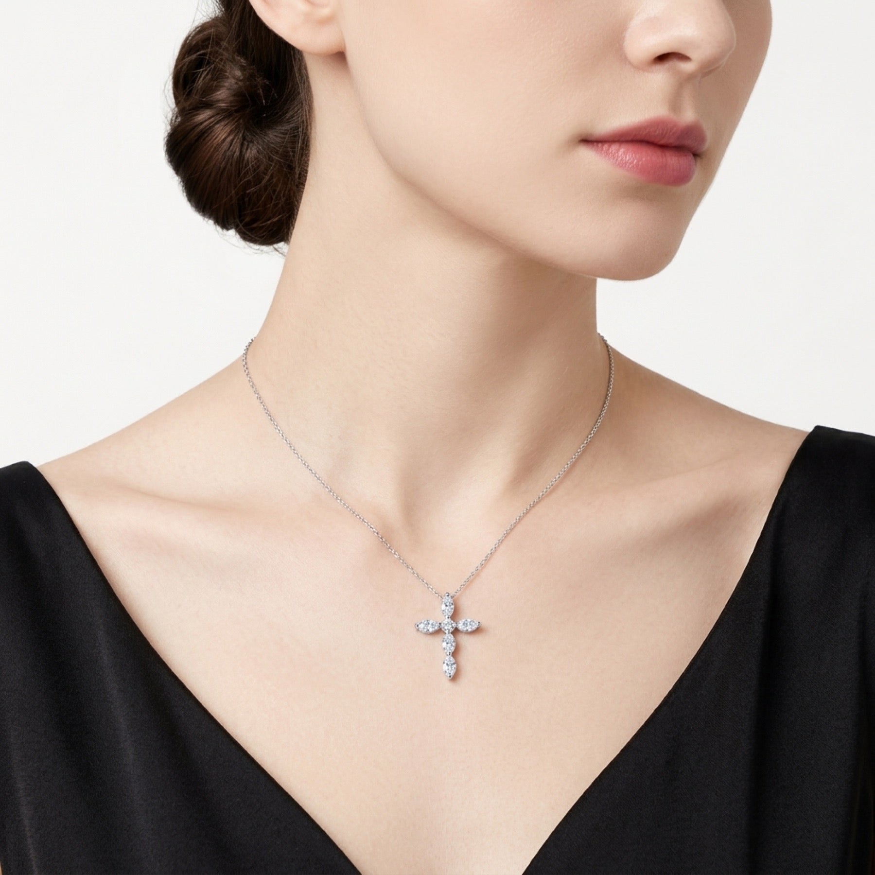 Evensong Moissanite Cross Necklace in Sterling Silver