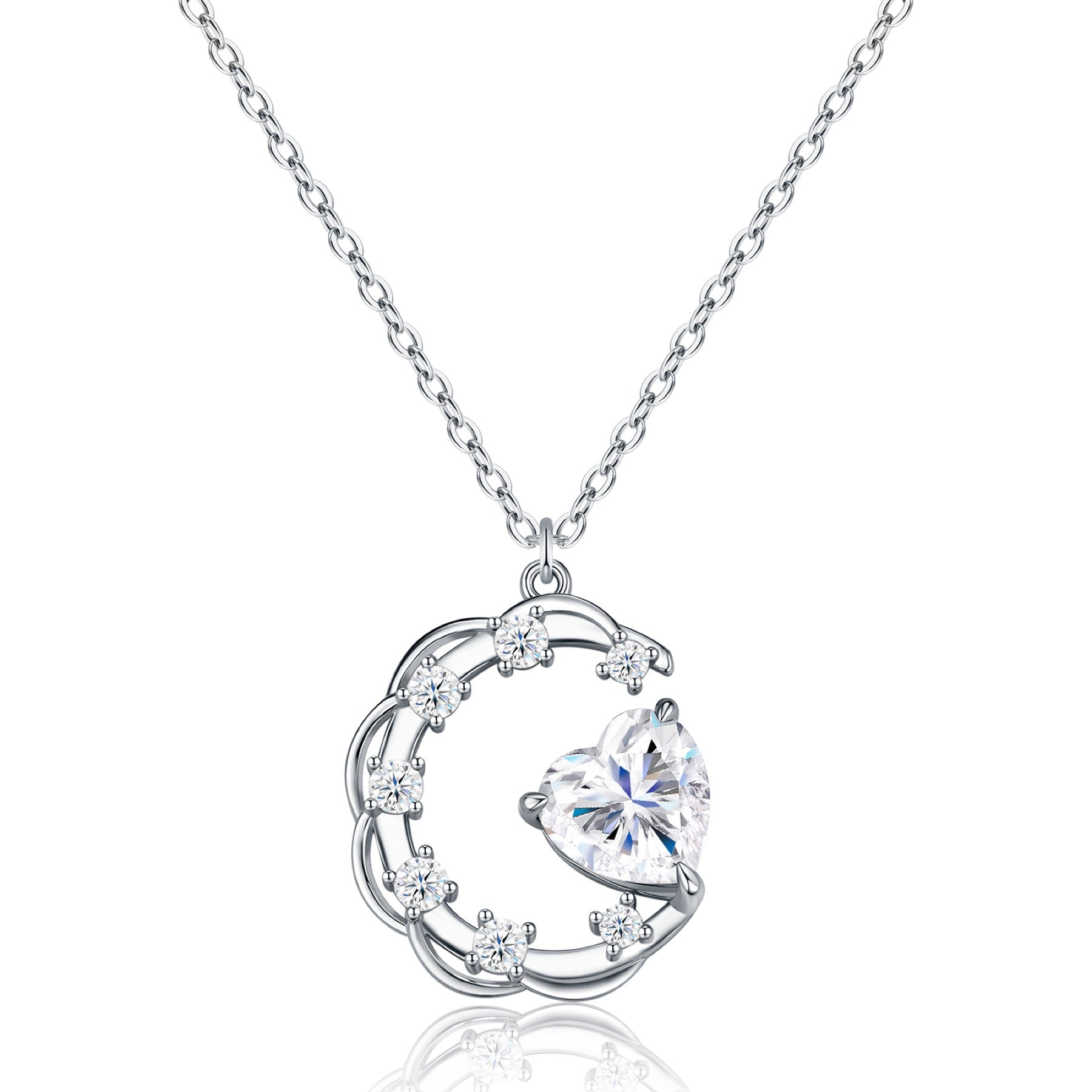 Lullaby Moissanite Moon Heart Necklace in Sterling Silver
