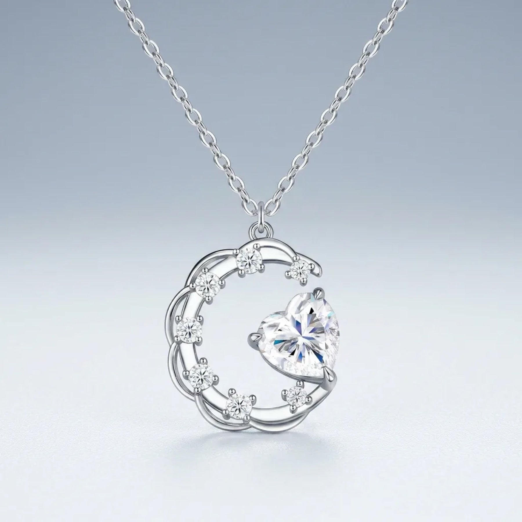 Lullaby Moissanite Moon Heart Necklace in Sterling Silver