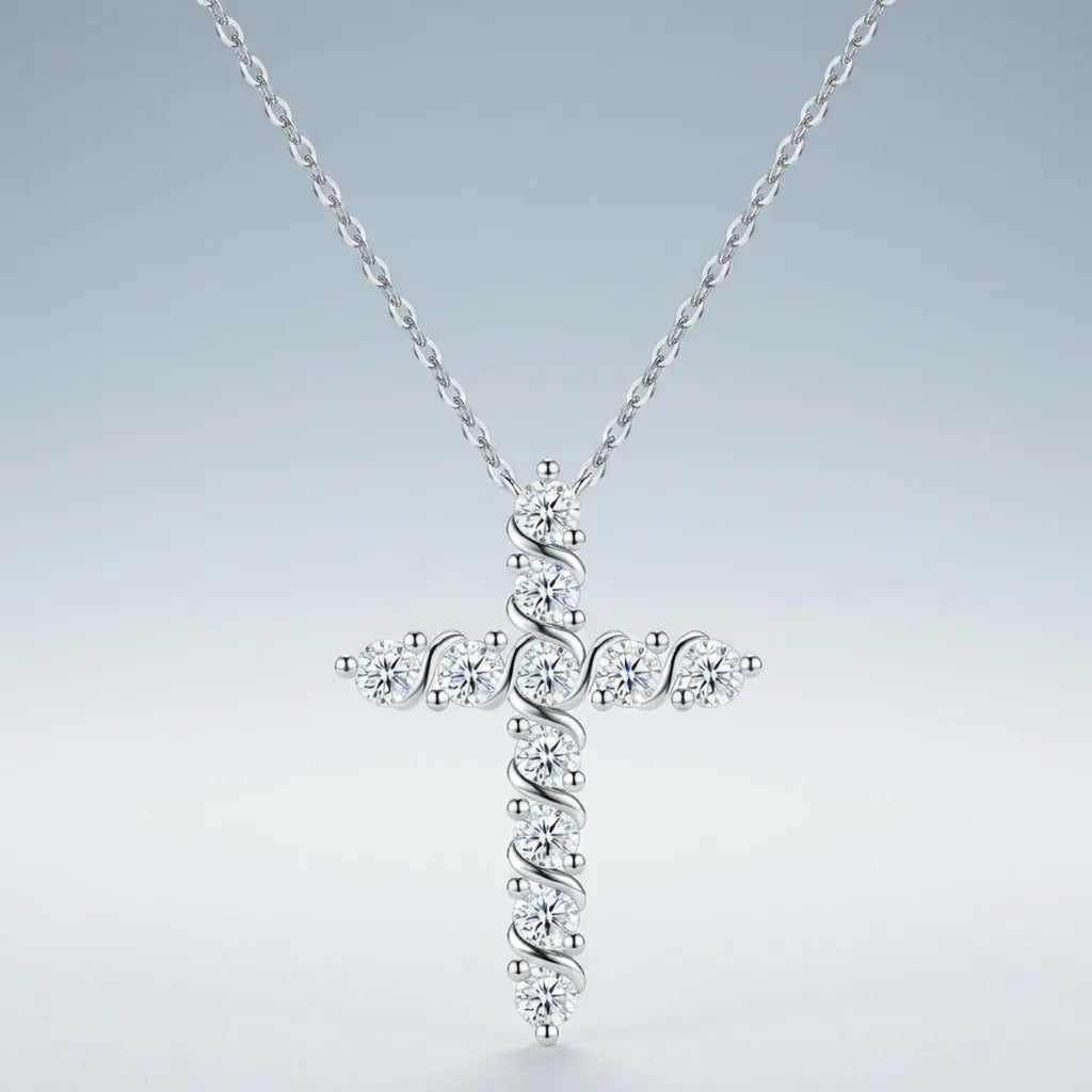 Vesper Moissanite Cross Necklace in Sterling Silver