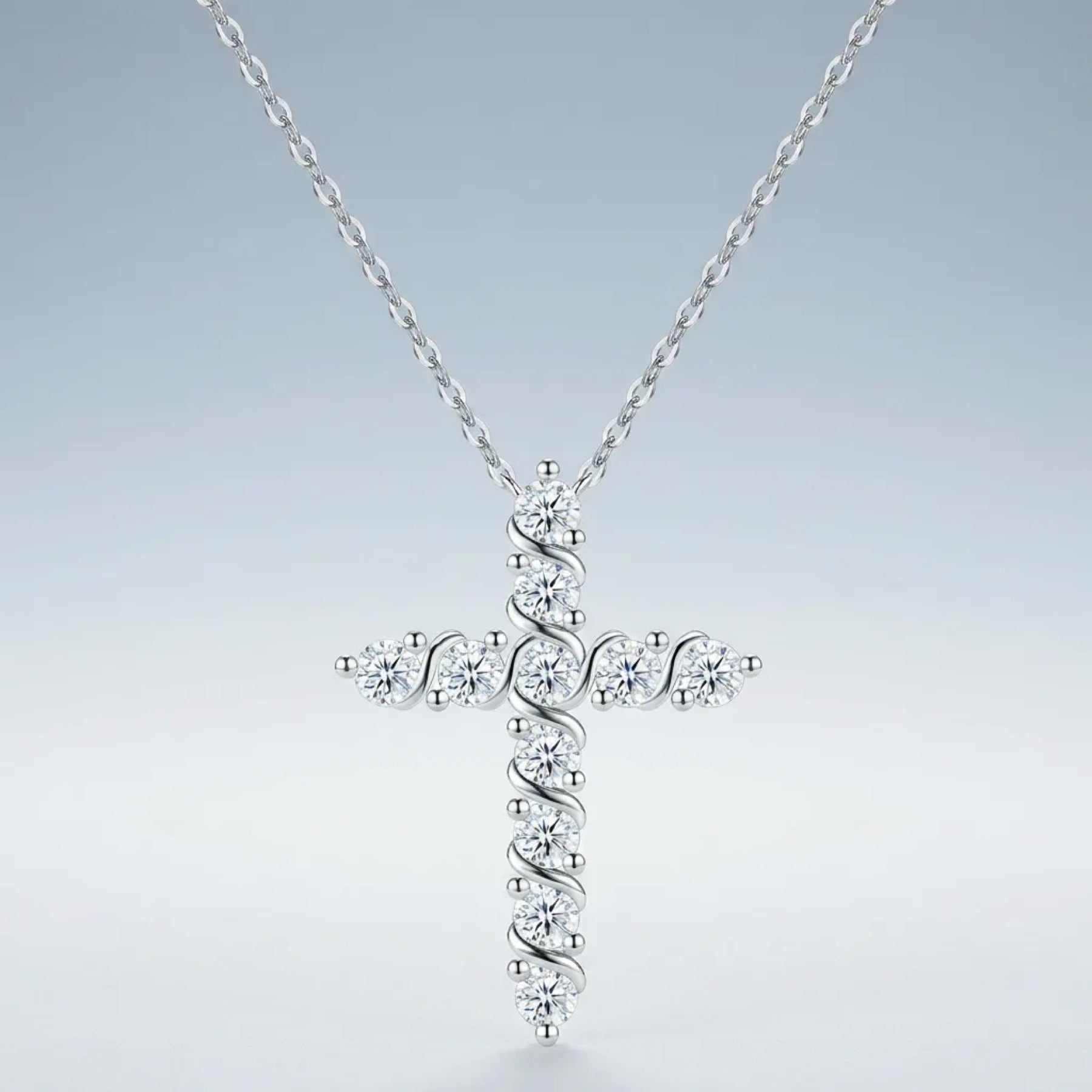 Vesper Moissanite Cross Necklace in Sterling Silver
