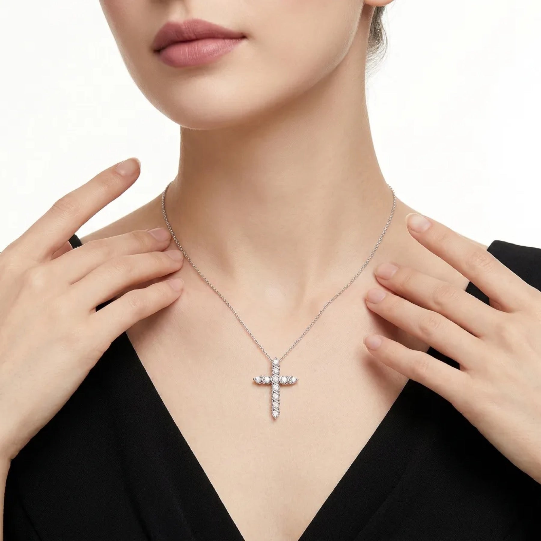 Vesper Moissanite Cross Necklace in Sterling Silver