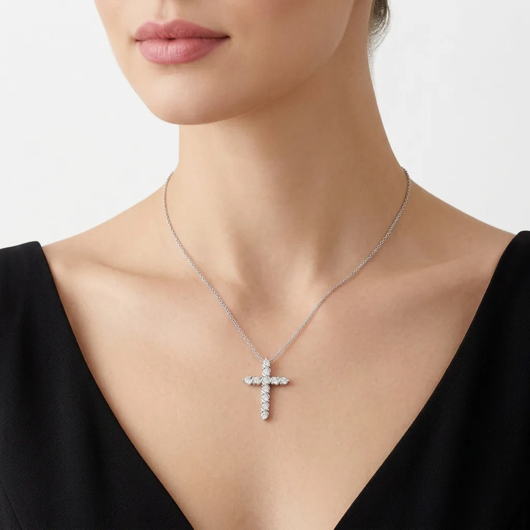 Vesper Moissanite Cross Necklace in Sterling Silver