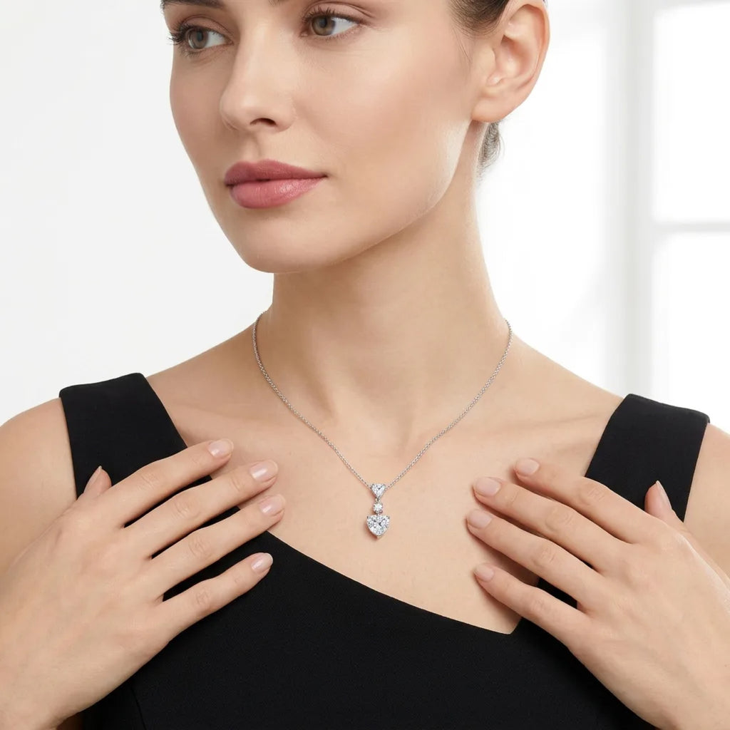 Bijou Moissanite Heart Drop Necklace in Sterling Silver