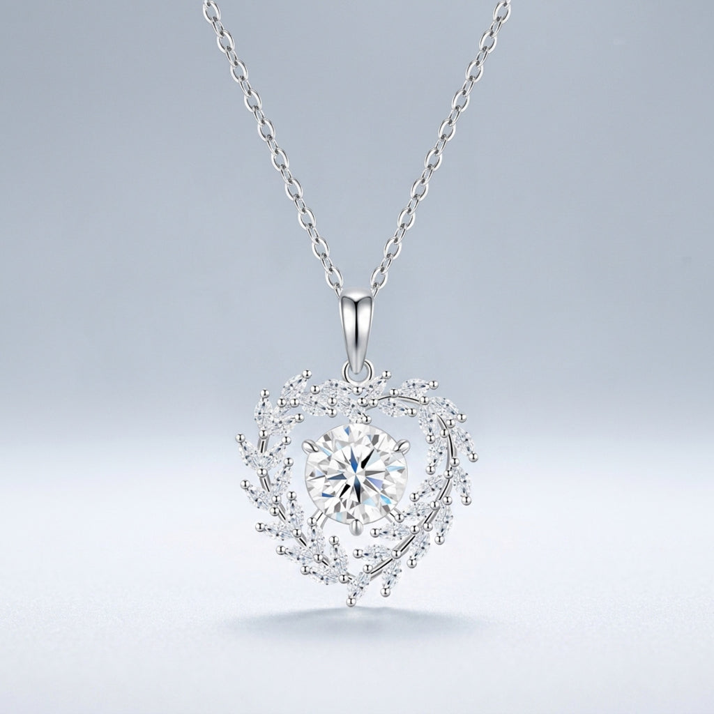 Garland 2 Carat Moissanite Heart Wreath Pendant Necklace in Sterling Silver