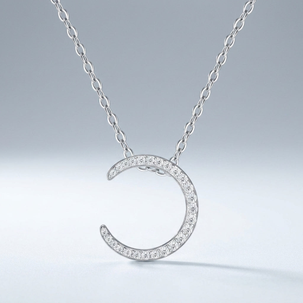 Waxing Moissanite Crescent Moon Pendant Necklace in Sterling Silver