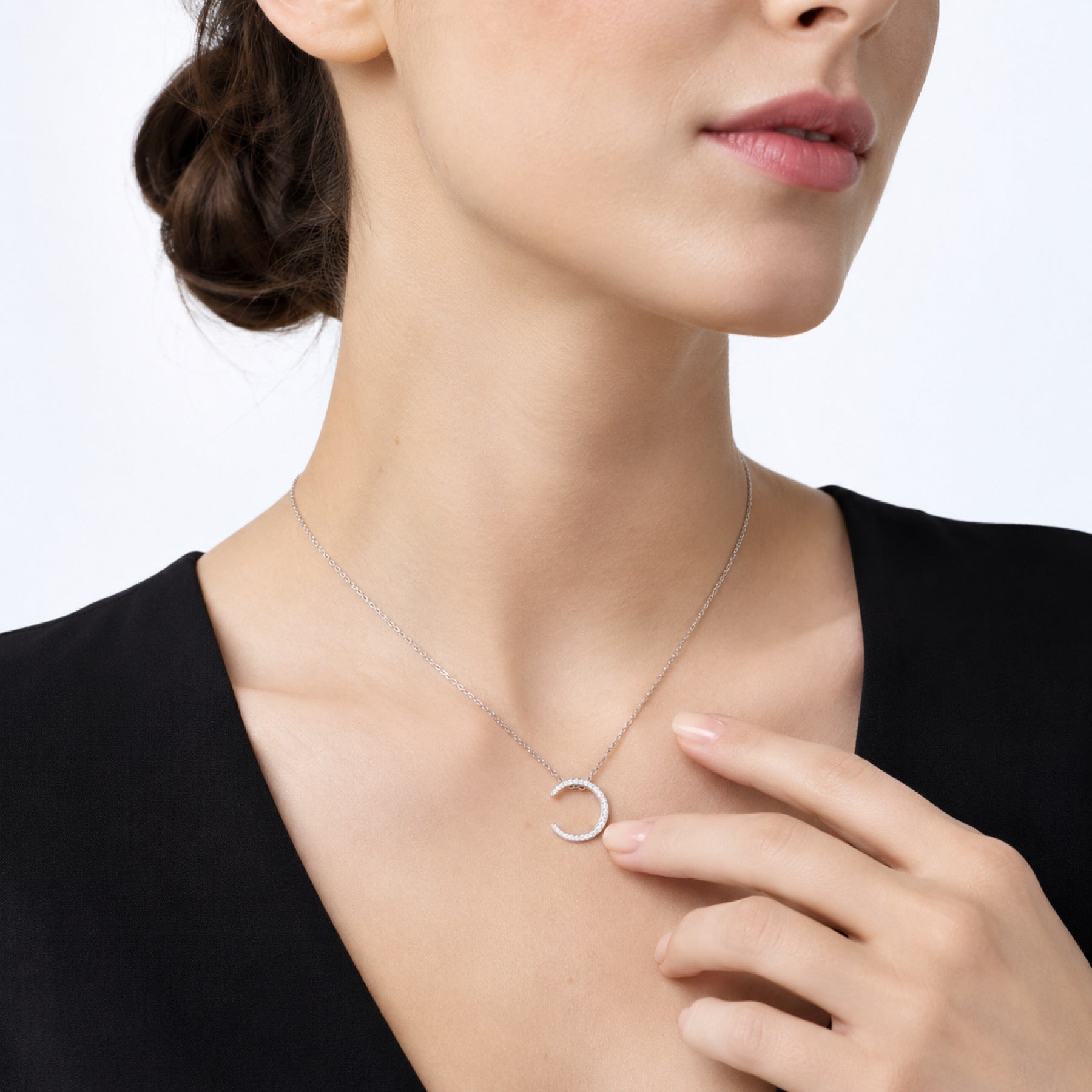 Waxing Moissanite Crescent Moon Pendant Necklace in Sterling Silver