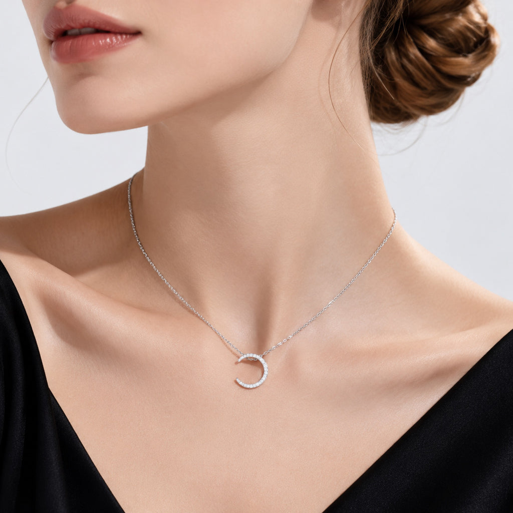 Waxing Moissanite Crescent Moon Pendant Necklace in Sterling Silver