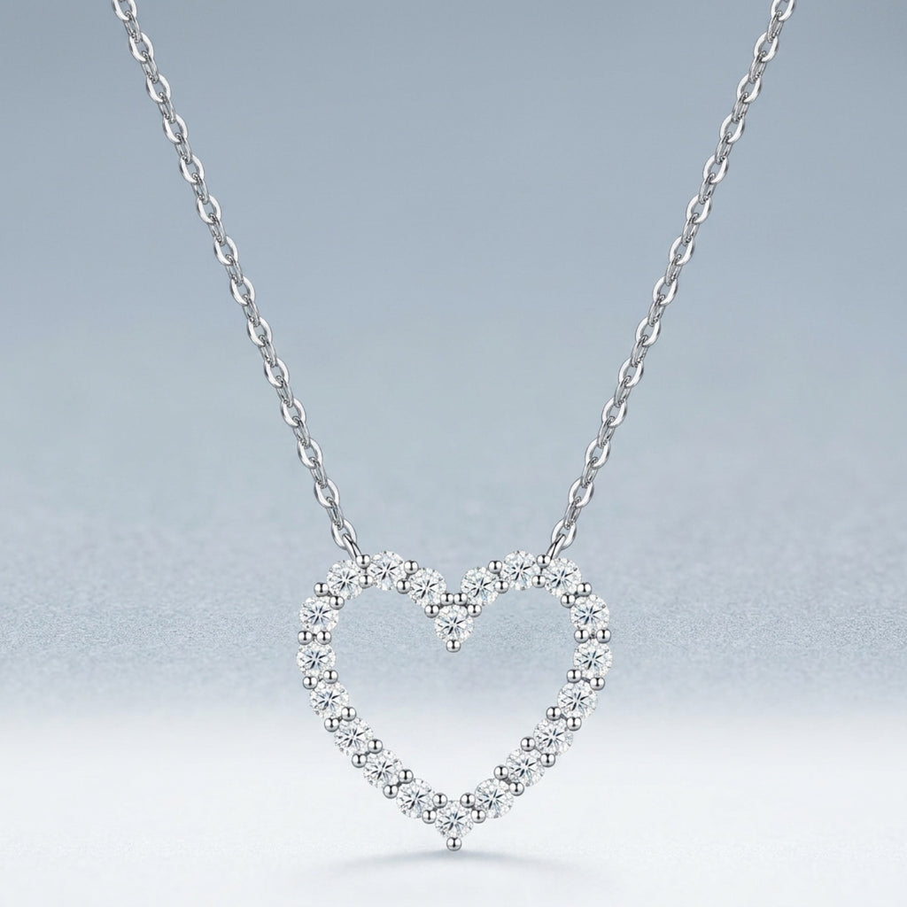 Dearest Moissanite Open Heart Necklace in Sterling Silver