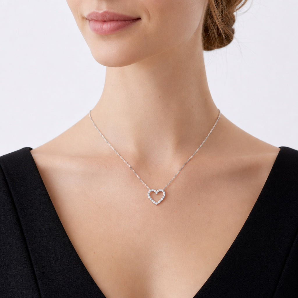 Dearest Moissanite Open Heart Necklace in Sterling Silver