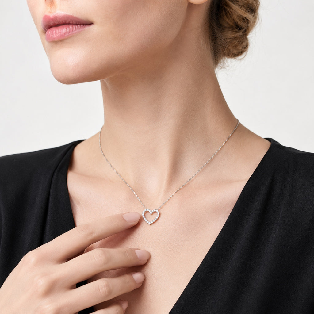 Dearest Moissanite Open Heart Necklace in Sterling Silver