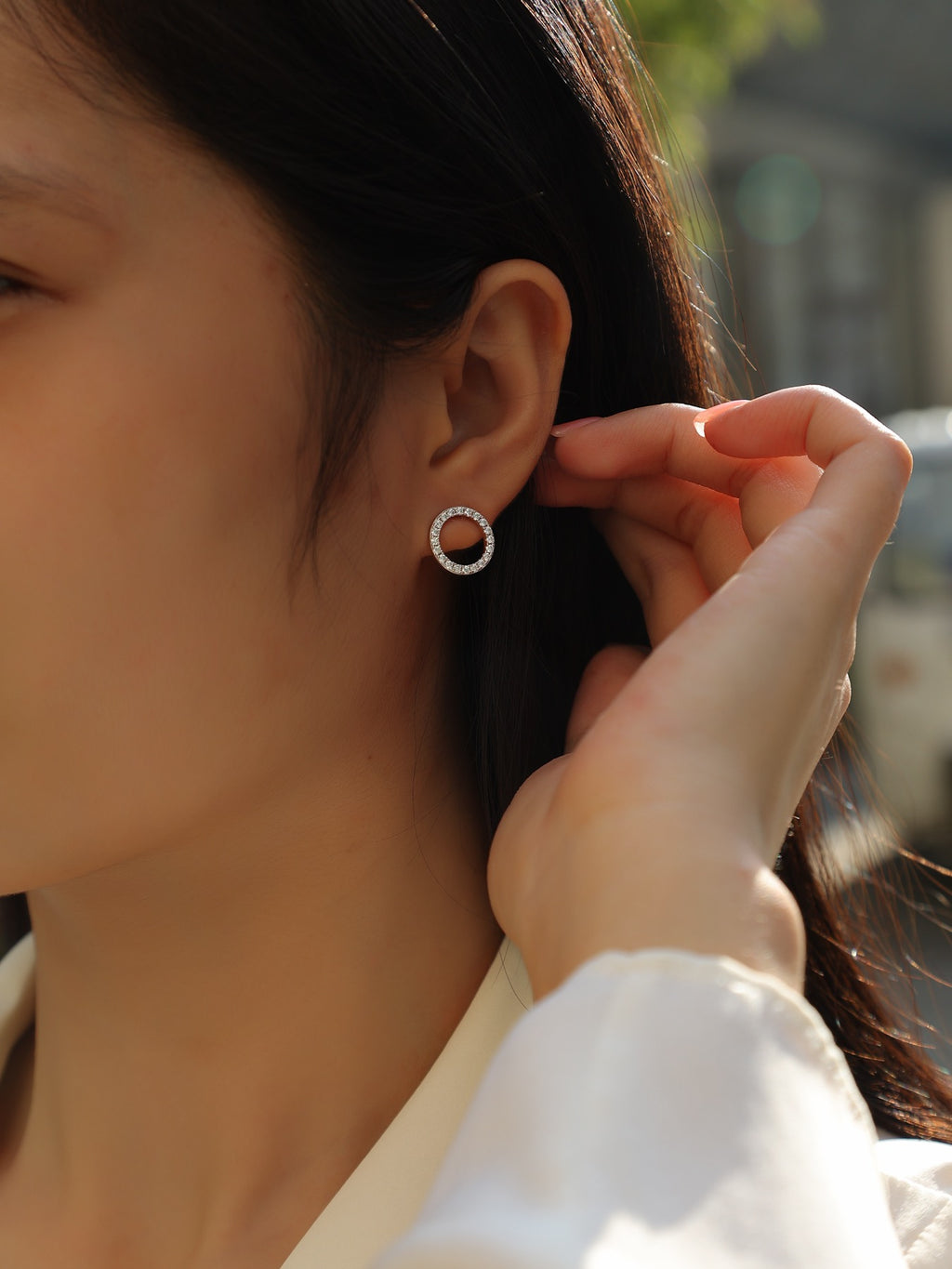 Quest Moissanite Circle Stud Earrings in Sterling Silver
