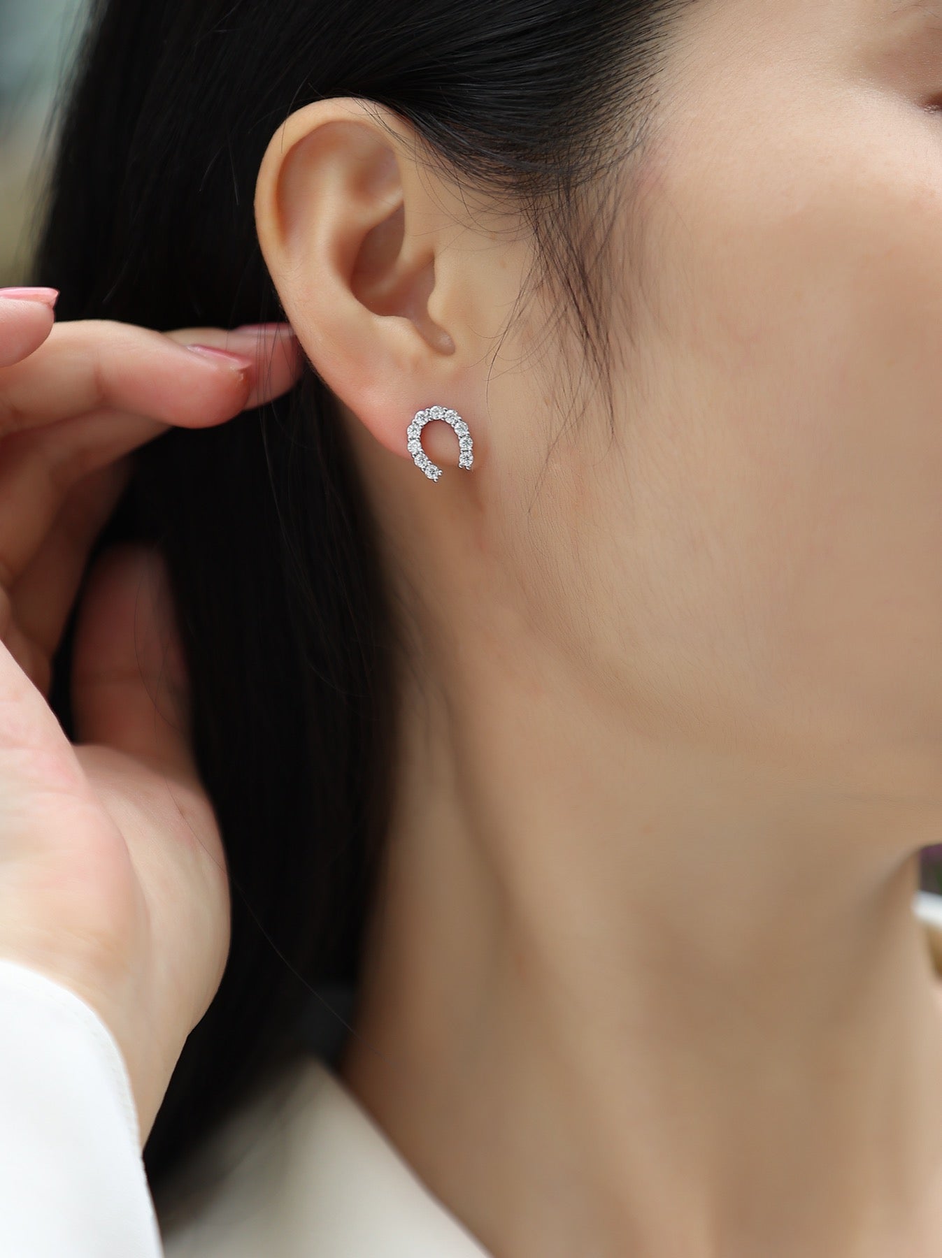 Charmed Moissanite Horseshoe Stud Earrings in Sterling Silver