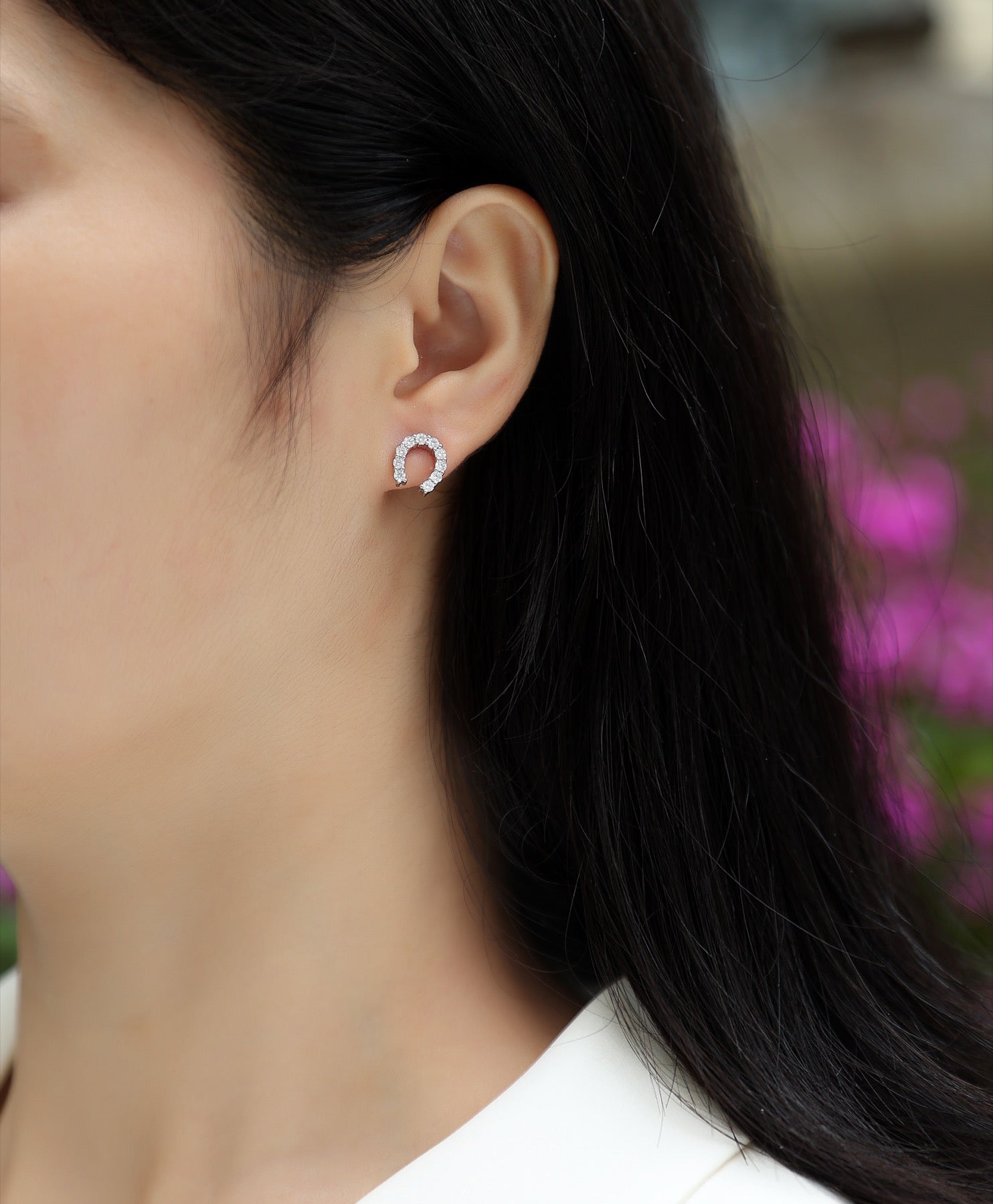 Charmed Moissanite Horseshoe Stud Earrings in Sterling Silver