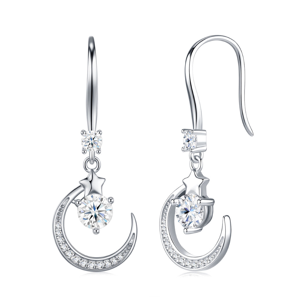Lunette Moissanite Crescent Drop Earrings in Sterling Silver