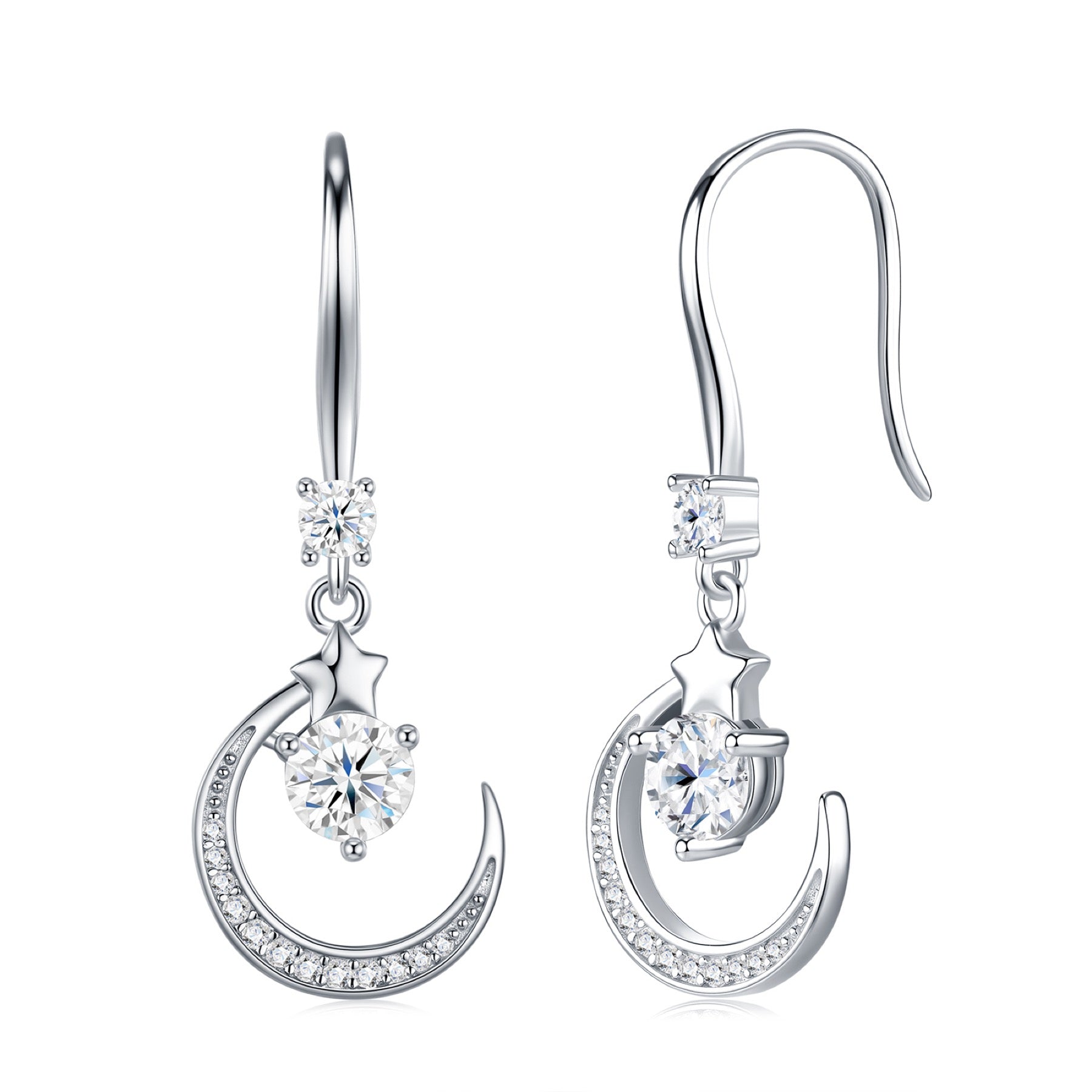 Lunette Moissanite Crescent Drop Earrings in Sterling Silver