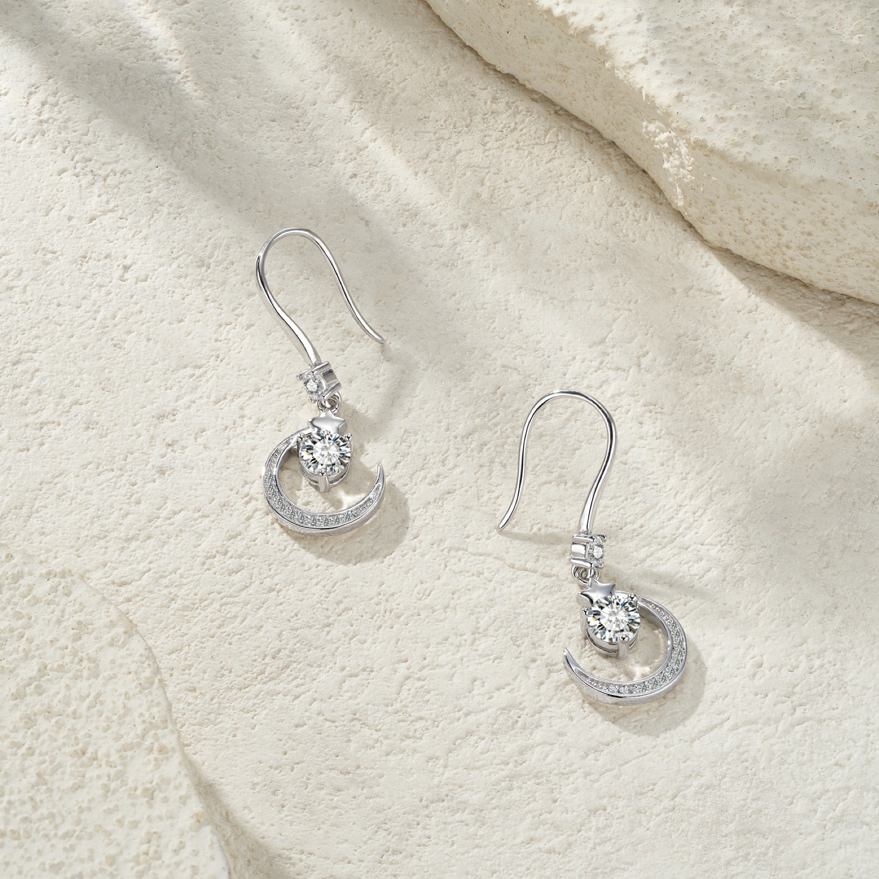 Lunette Moissanite Crescent Drop Earrings in Sterling Silver