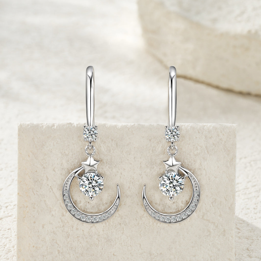 Lunette Moissanite Crescent Drop Earrings in Sterling Silver