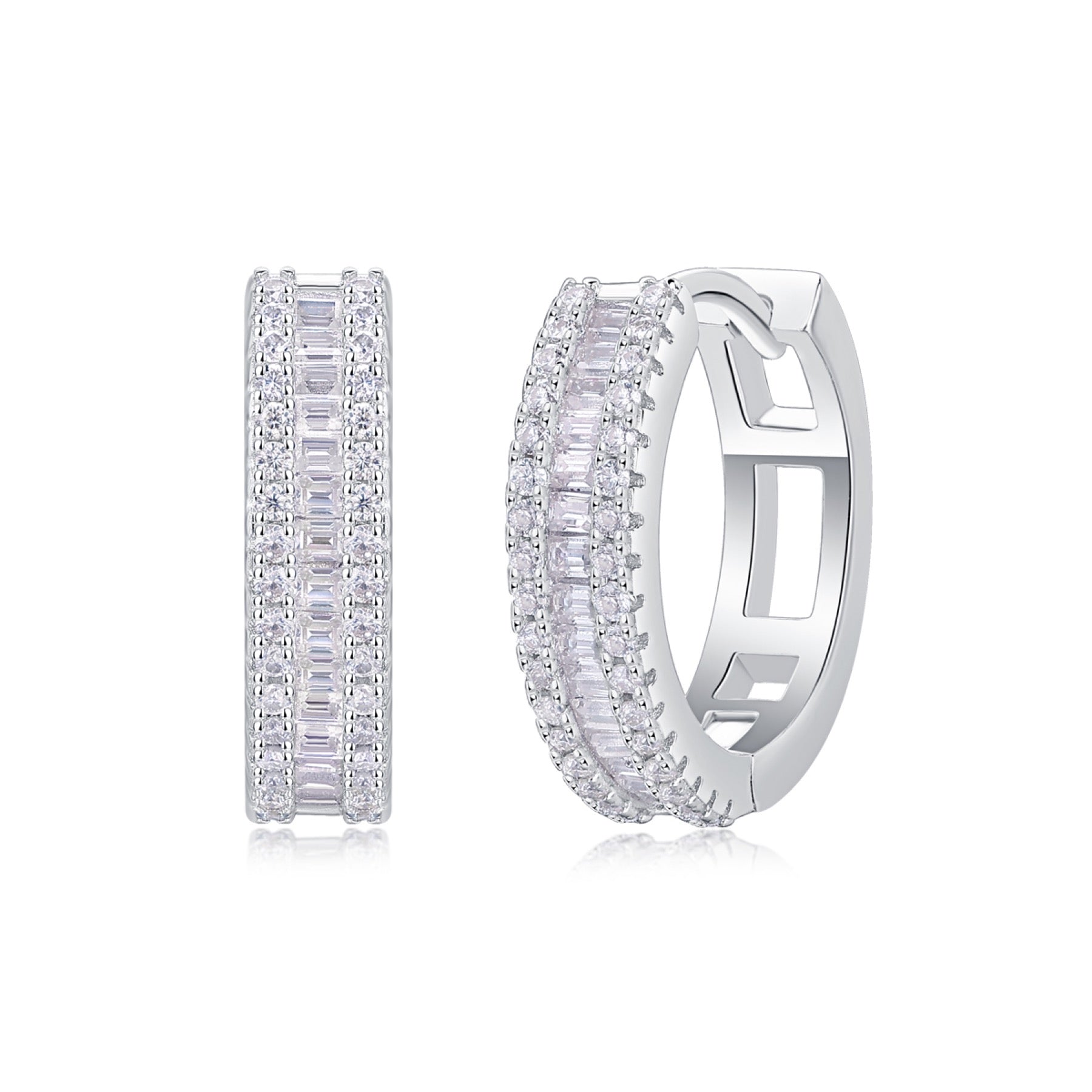 Prism Moissanite Baguette Huggie Hoop Earrings in Sterling Silver